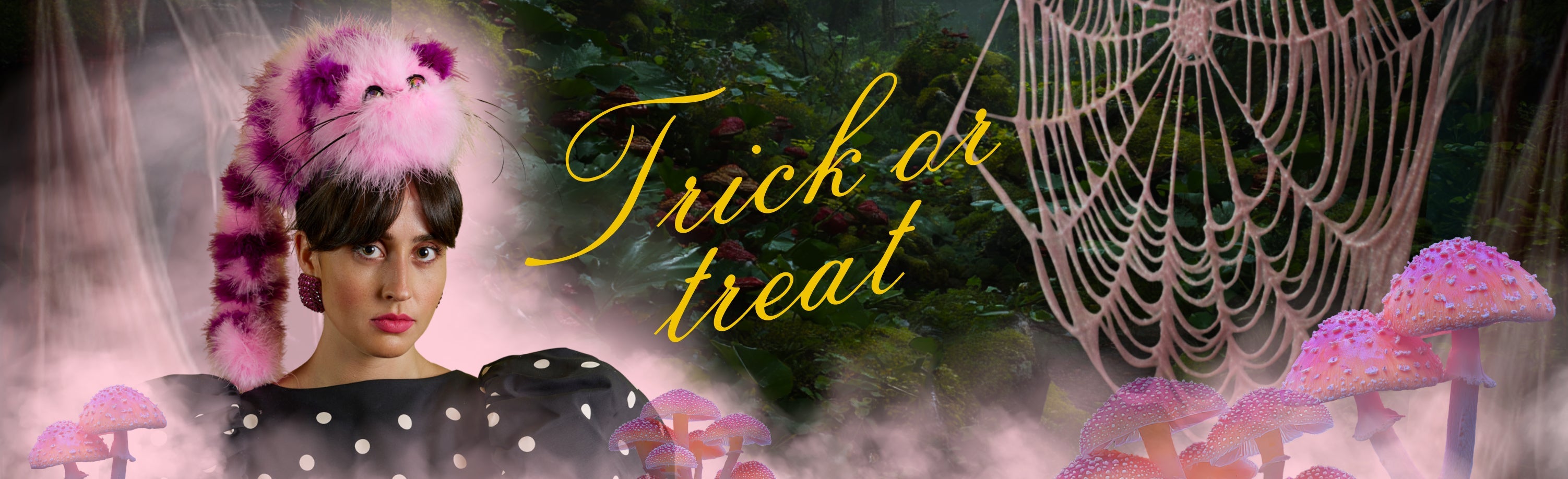 woman in cheshire cat hat with spiderwebs and pink mushrooms