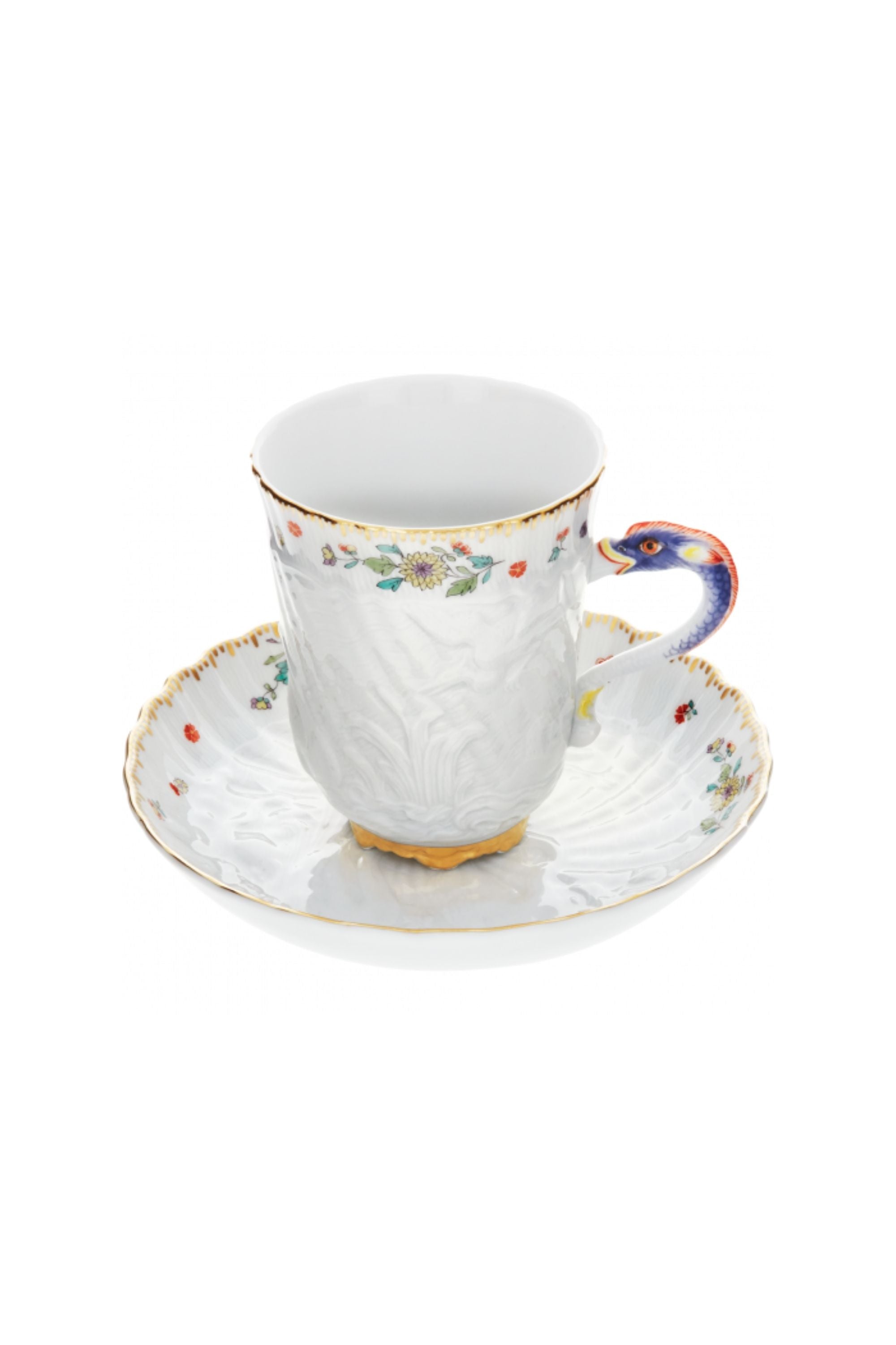 Designed by Johann Joachim Kändler, the pattern features a delicate background with radiating bands based on a scallop shell and a central well dressed with a pair of swans on water amid bullrushes, swooping cranes, and fish. Several parts of the service depict figures from Greco-Roman mythology, like Glaucus and the dolphin-riding Galatea.