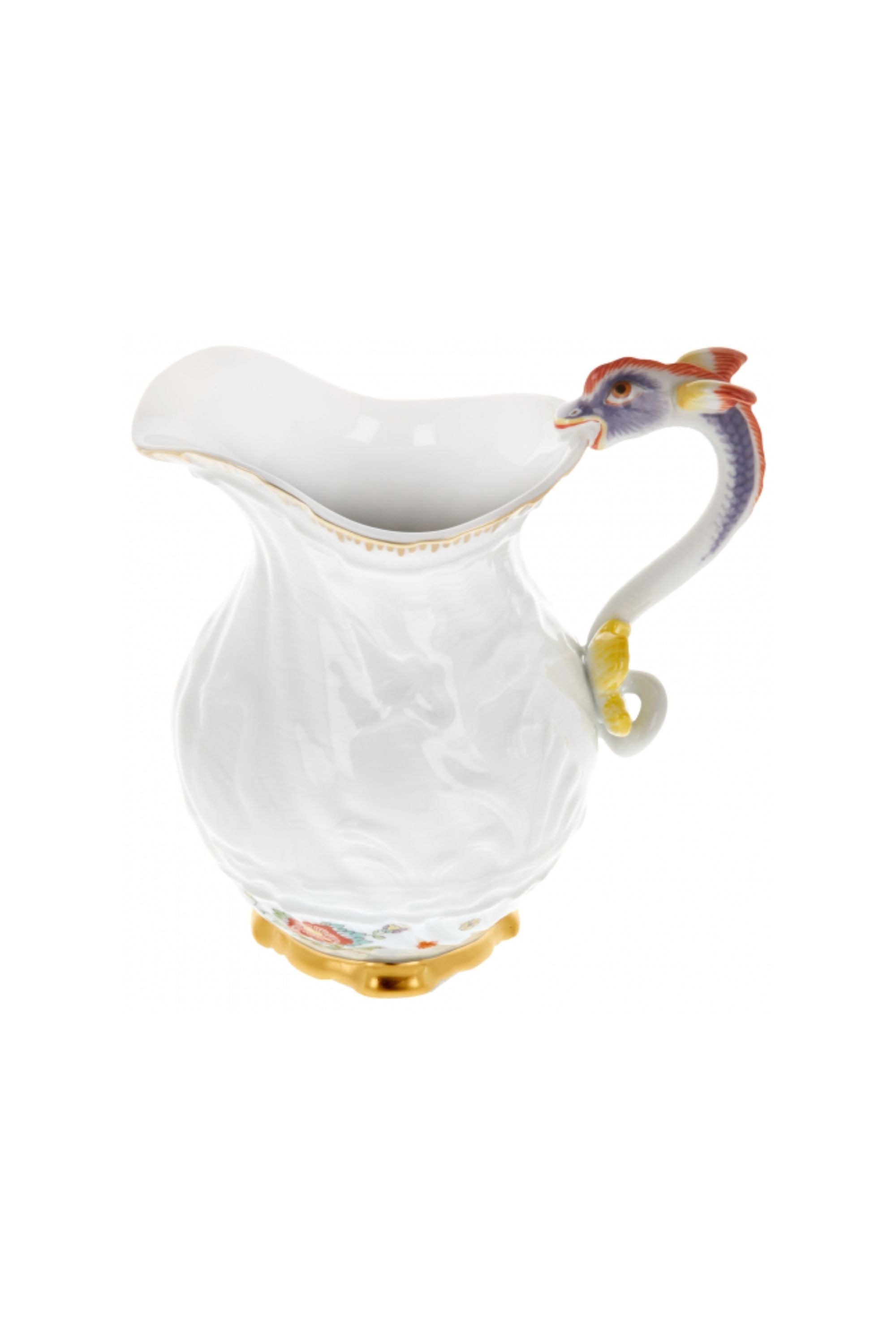 Designed by Johann Joachim Kändler, the pattern features a delicate background with radiating bands based on a scallop shell and a central well dressed with a pair of swans on water amid bullrushes, swooping cranes, and fish. Several parts of the service depict figures from Greco-Roman mythology, like Glaucus and the dolphin-riding Galatea.