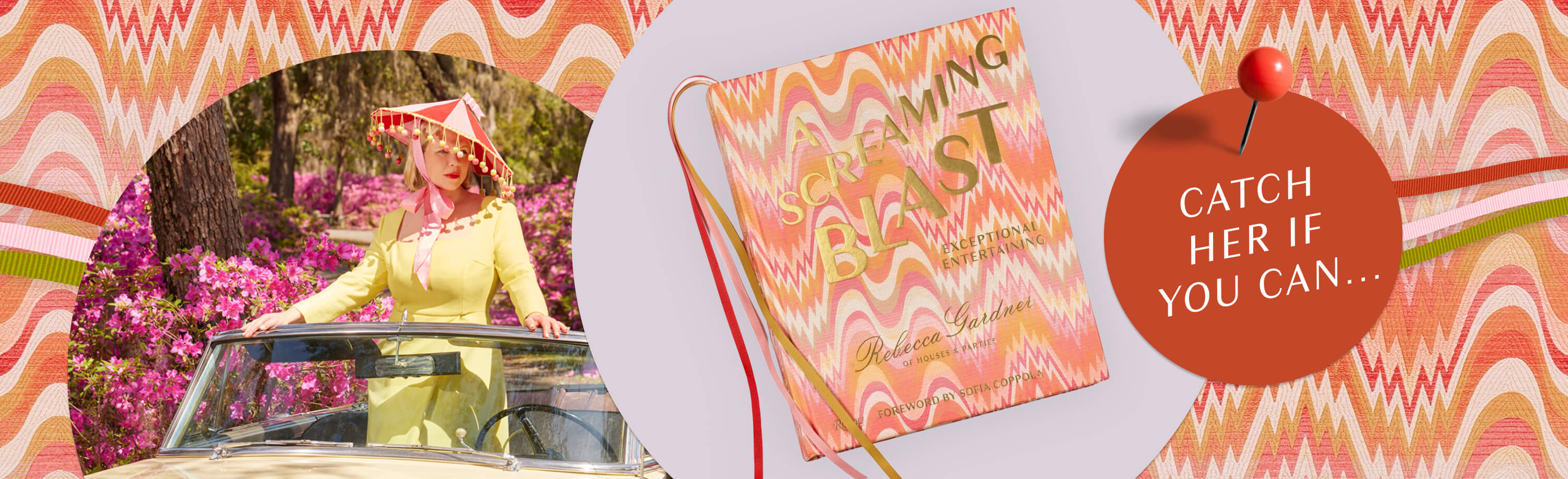 Woman in a yellow dress and pink hat standing next to a car with flowers, next to a notebook and decorative elements.