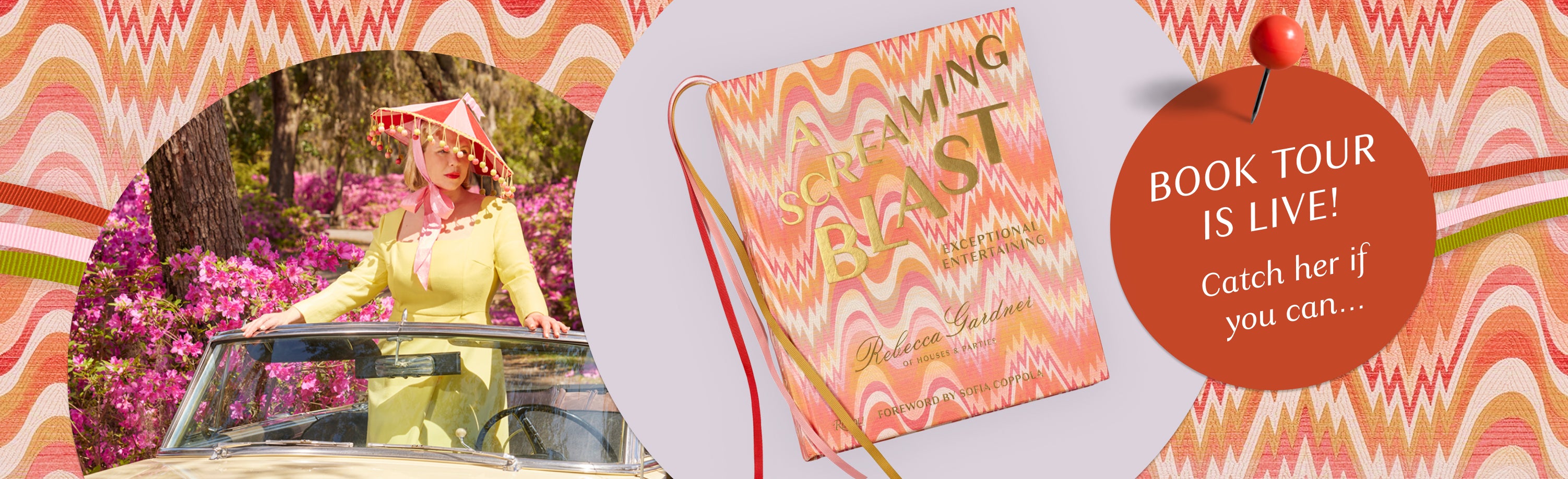 Promotional banner for a book tour with a woman in a car, pink notebook, and decorative elements.