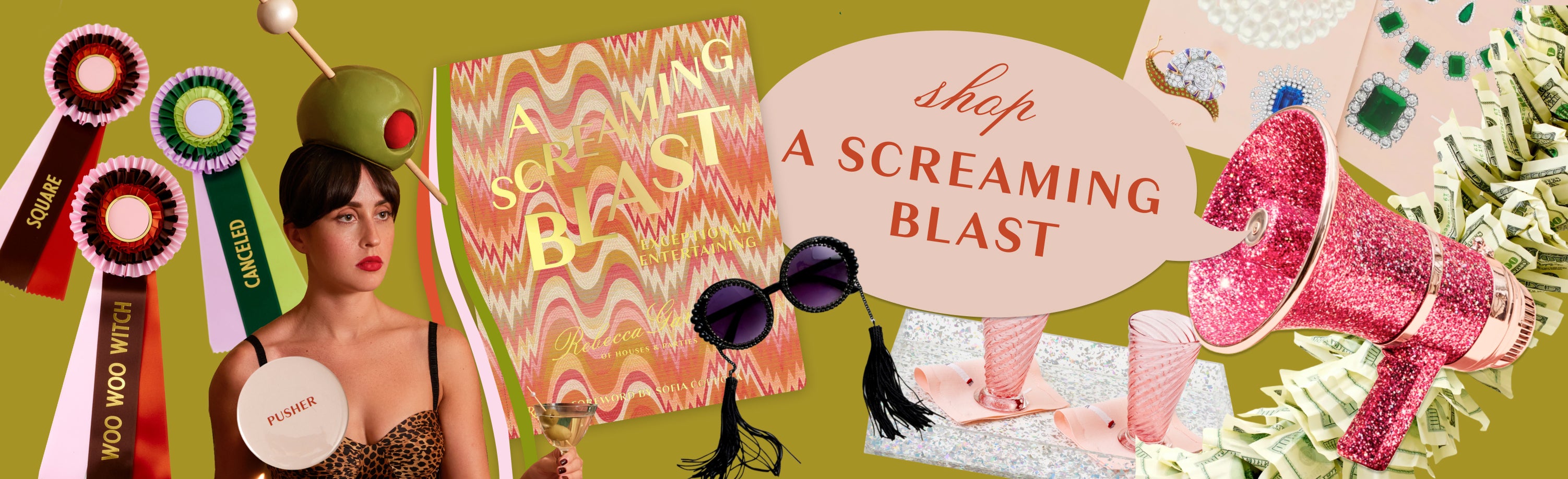 Promotional graphic with a woman, colorful text, and decorative elements on a green background