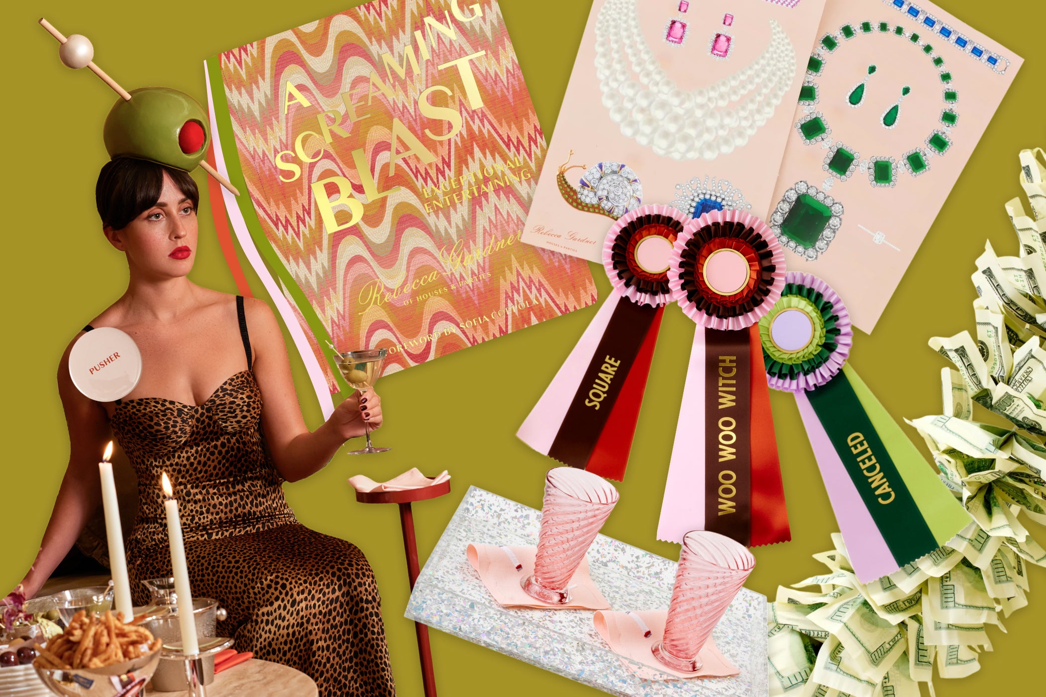 A promotional image for Houses & Parties' A Screaming Blast collection, featuring a woman in a leopard print dress and cocktail olive headband with party entertainments floating behind her, including sticker jewelry, award ribbons, sparkle tray, and a money boa.