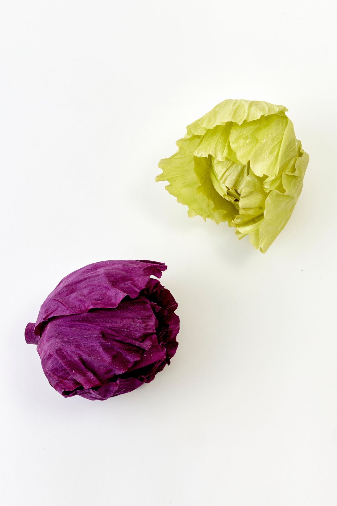 Purple and green silk cabbages on a white background