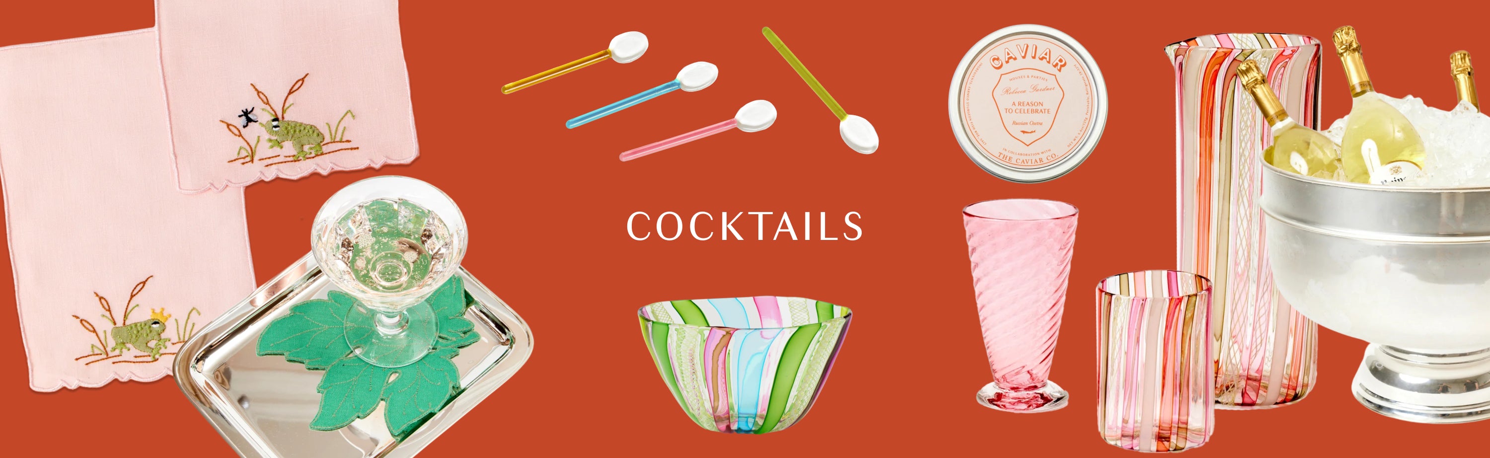 A red banner with cutouts of cocktail napkins, caviar spoons, glassware, and an ice bucket with text reading "cocktails."
