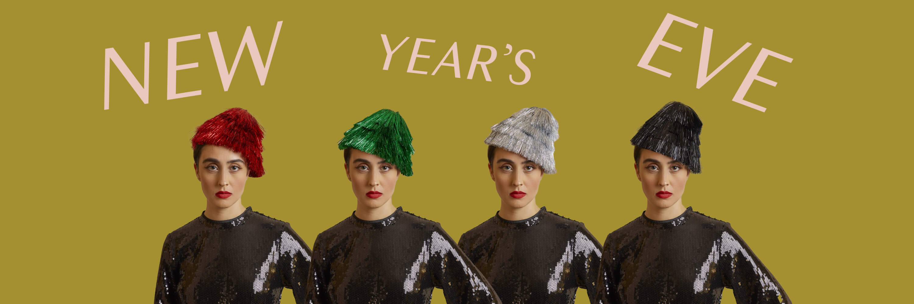 A green banner with cutouts of women in sparkly dresses and hats with text reading "new year's eve."