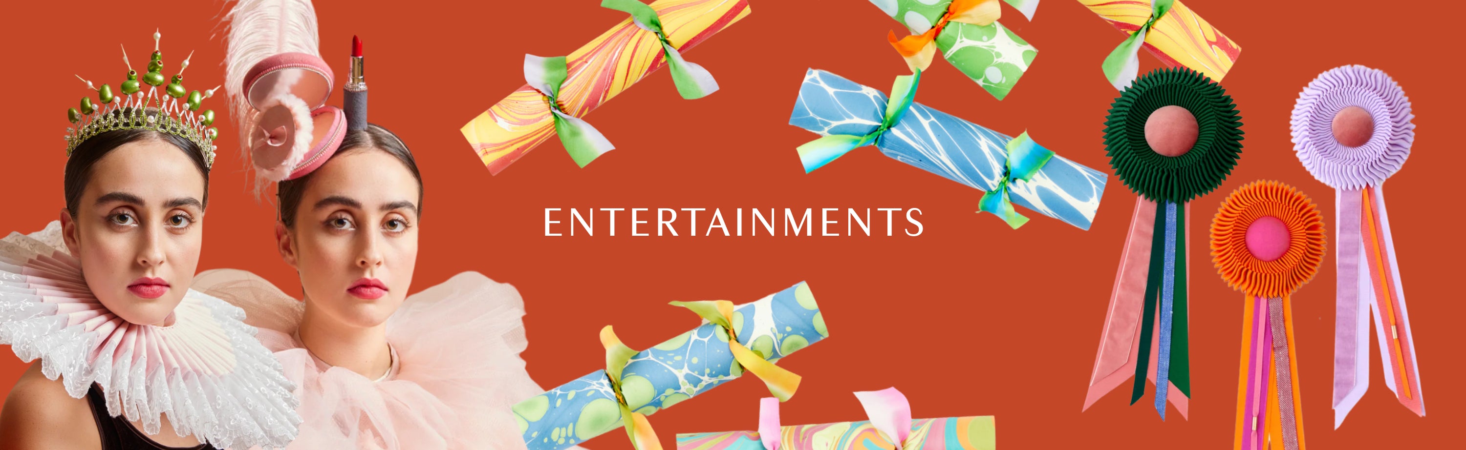 A red banner with cutouts of party crackers, ribbons, and women in fanciful party hats with text reading "entertainments."