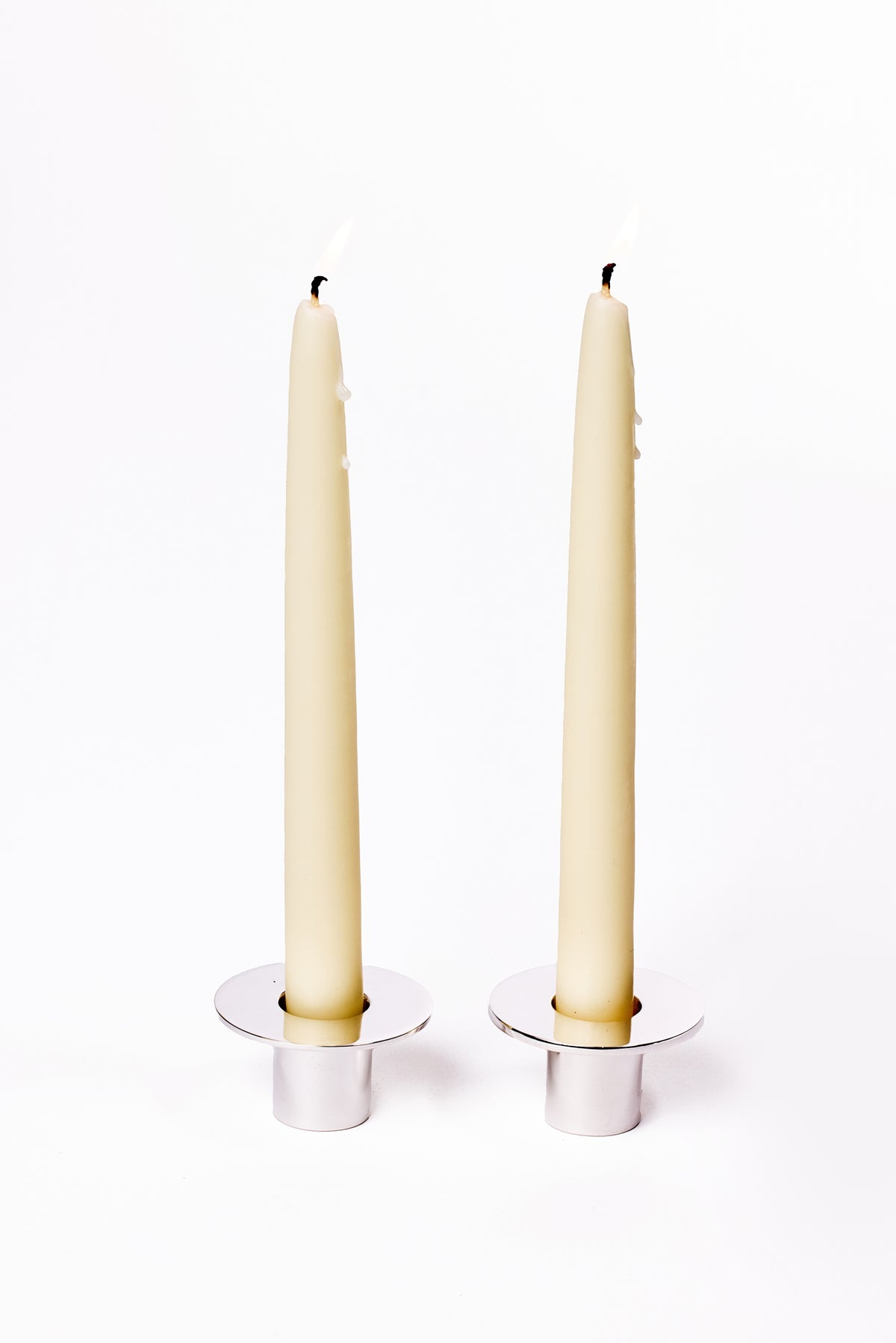 SET OF 2 SILVER DECO TAPER CANDLE HOLDERS