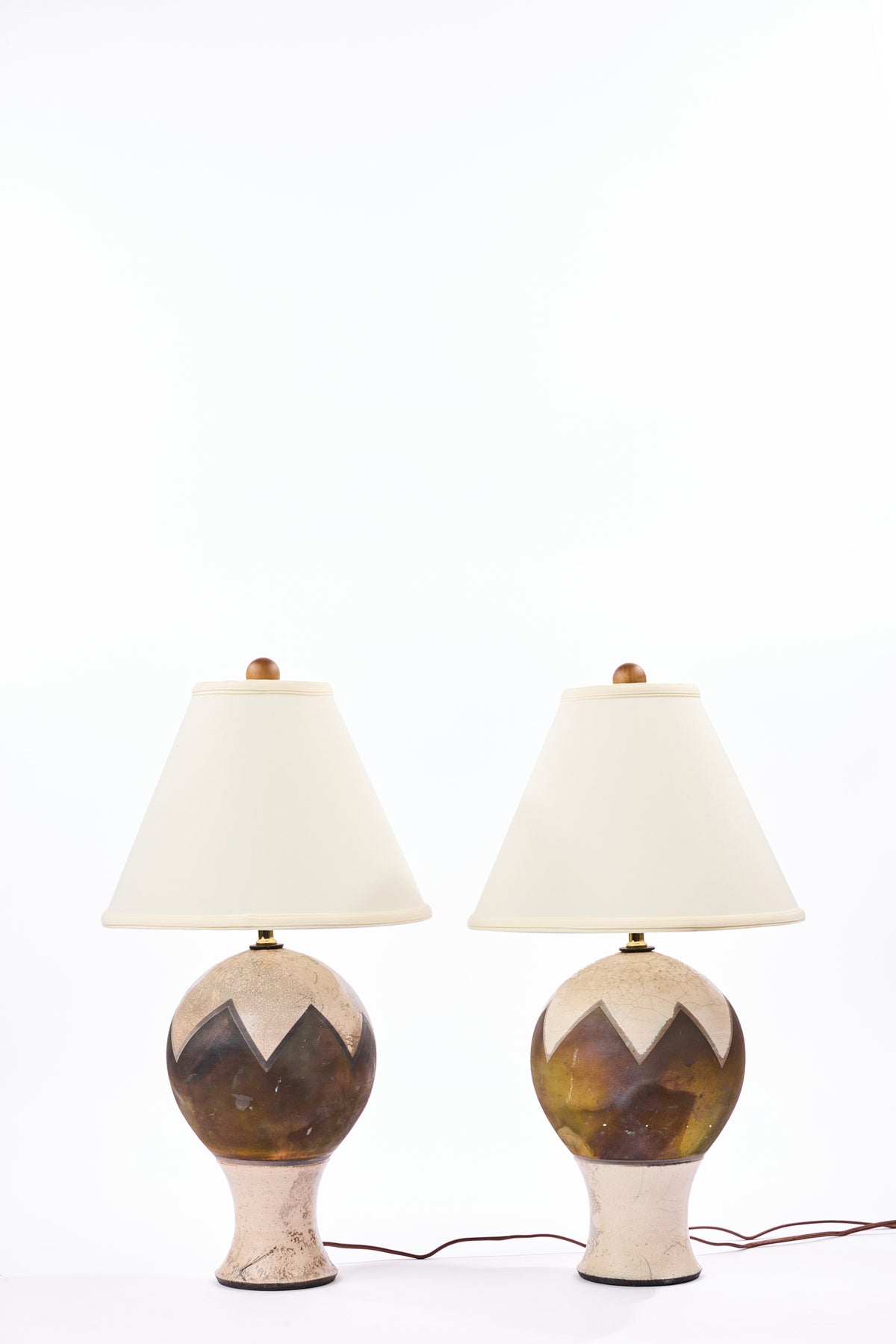 PAIR OF VINTAGE WHITE CRACKLE RAKU POTTERY LAMPS