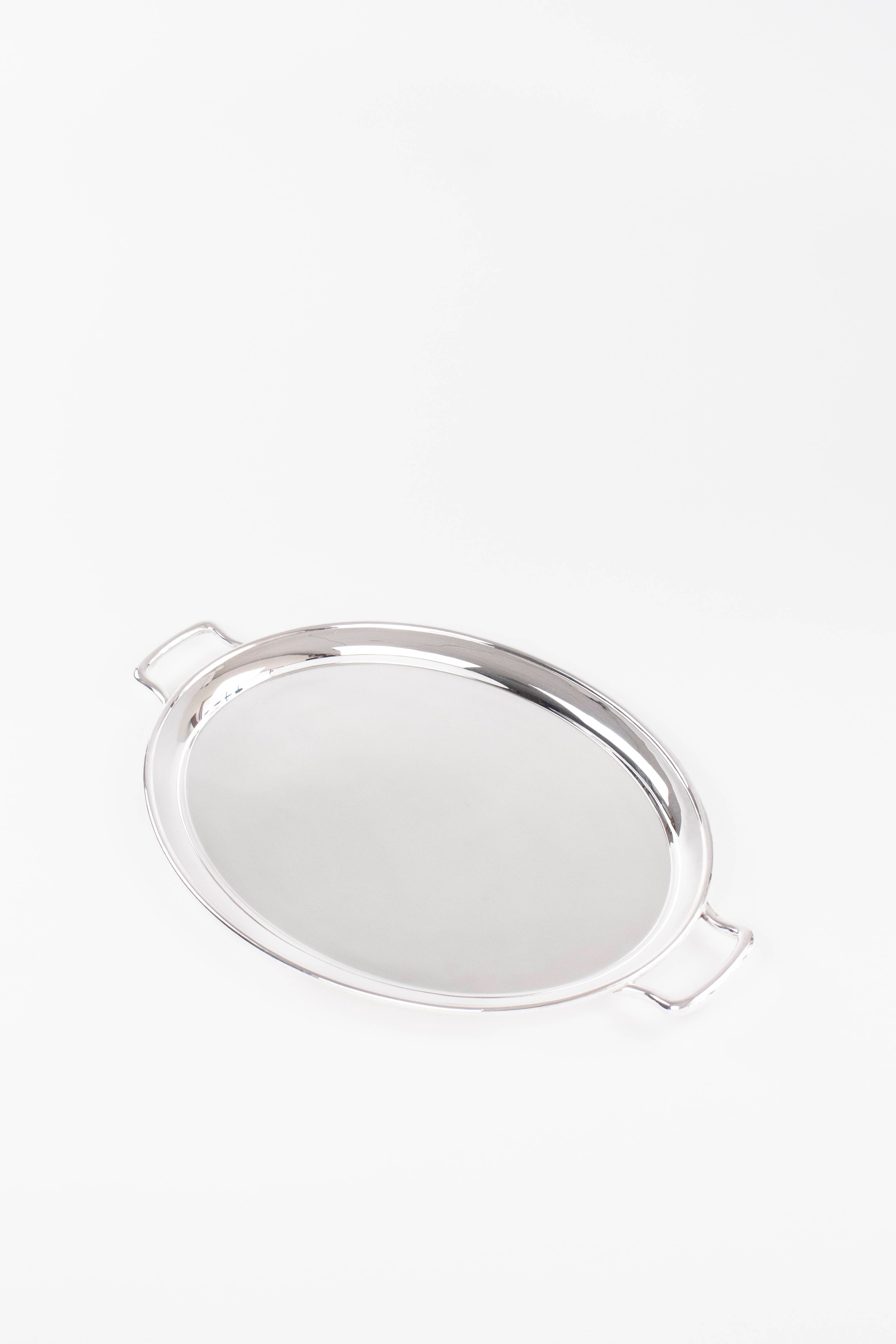 VINTAGE SILVER OVAL TRAY WITH HANDLES.