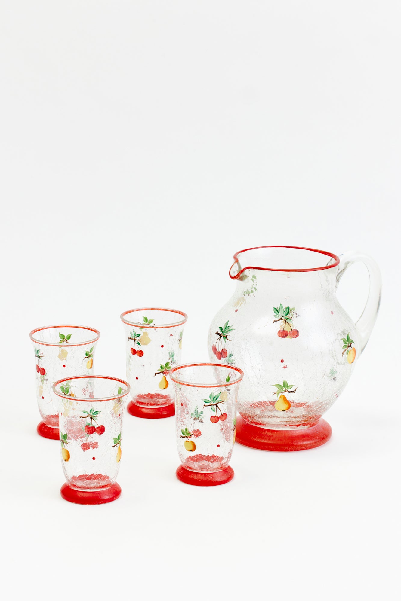 Vintage pitcher and tumblers with cherries handpainted onto it.