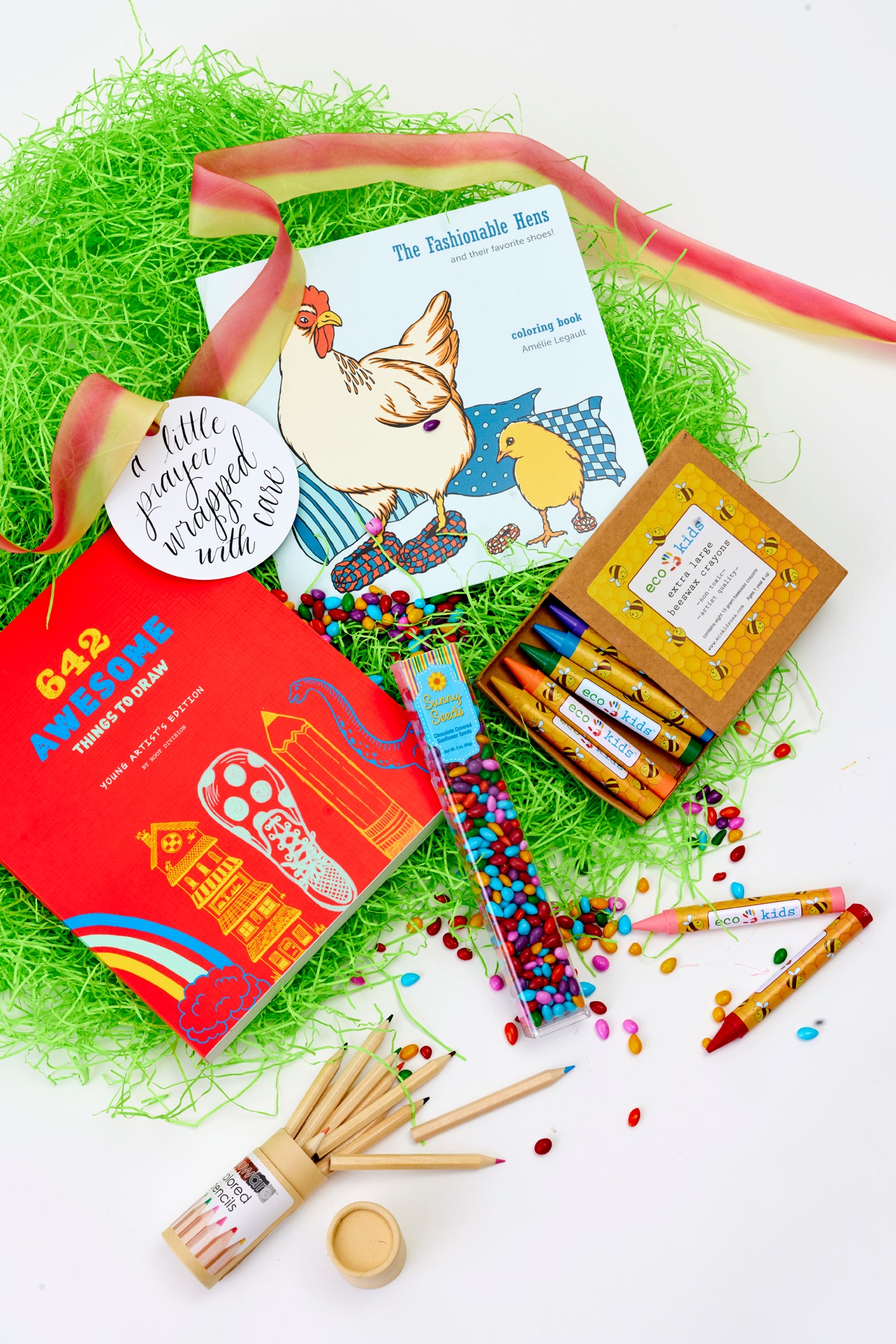 This Church Survival Kit changes the narrative, distracting children into temperament with pure fun: a “Fashionable Hens” coloring book, drawing notebook with 642 things to draw, natural beeswax crayons, colored pencils for finer detail, and an IMP of chocolate Sunny Seeds that taste wonderful atop a communion wafer.