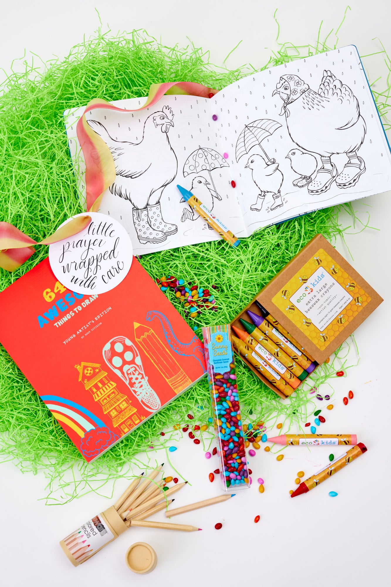 This Church Survival Kit changes the narrative, distracting children into temperament with pure fun: a “Fashionable Hens” coloring book, drawing notebook with 642 things to draw, natural beeswax crayons, colored pencils for finer detail, and an IMP of chocolate Sunny Seeds that taste wonderful atop a communion wafer.
