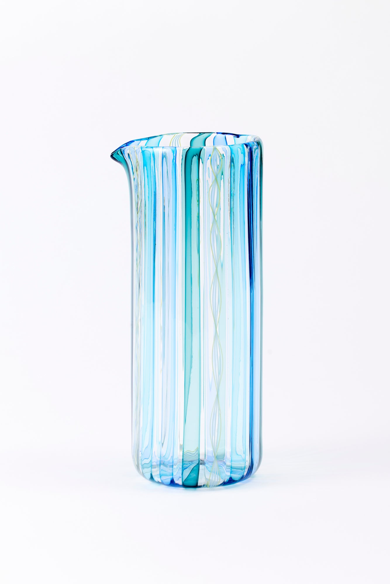 Latticino pitcher handblown in blue.