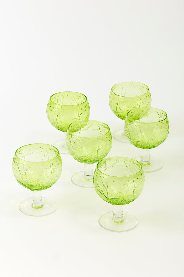 SET OF 6 VINTAGE GREEN GLASS CABBAGE GOBLETS