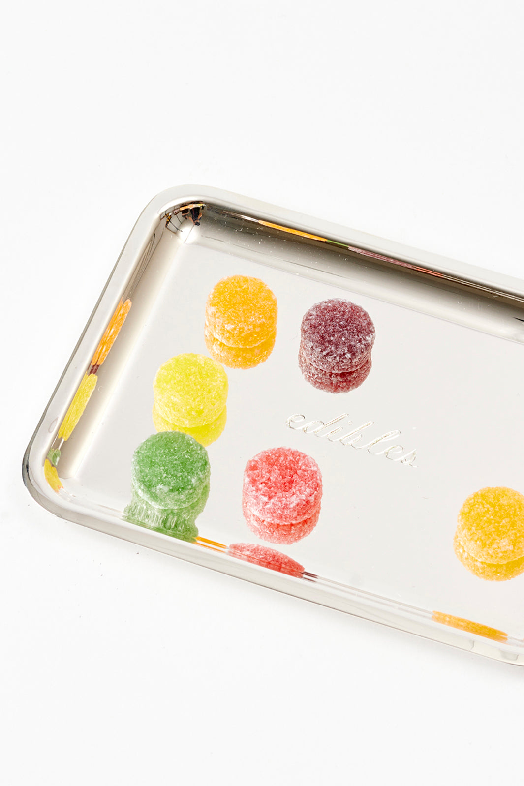 Sterling tray, hand-engraved with “EDIBLES”.