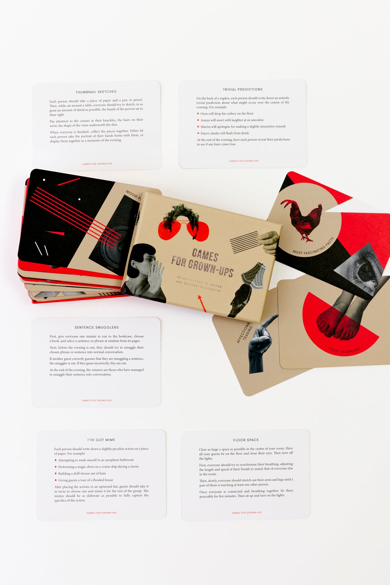 Games for Grown ups. From thought-provoking conversation prompts to hilarious challenges, this game is great for livening dessert discourse when lingering at the dinner table. 40 cards.