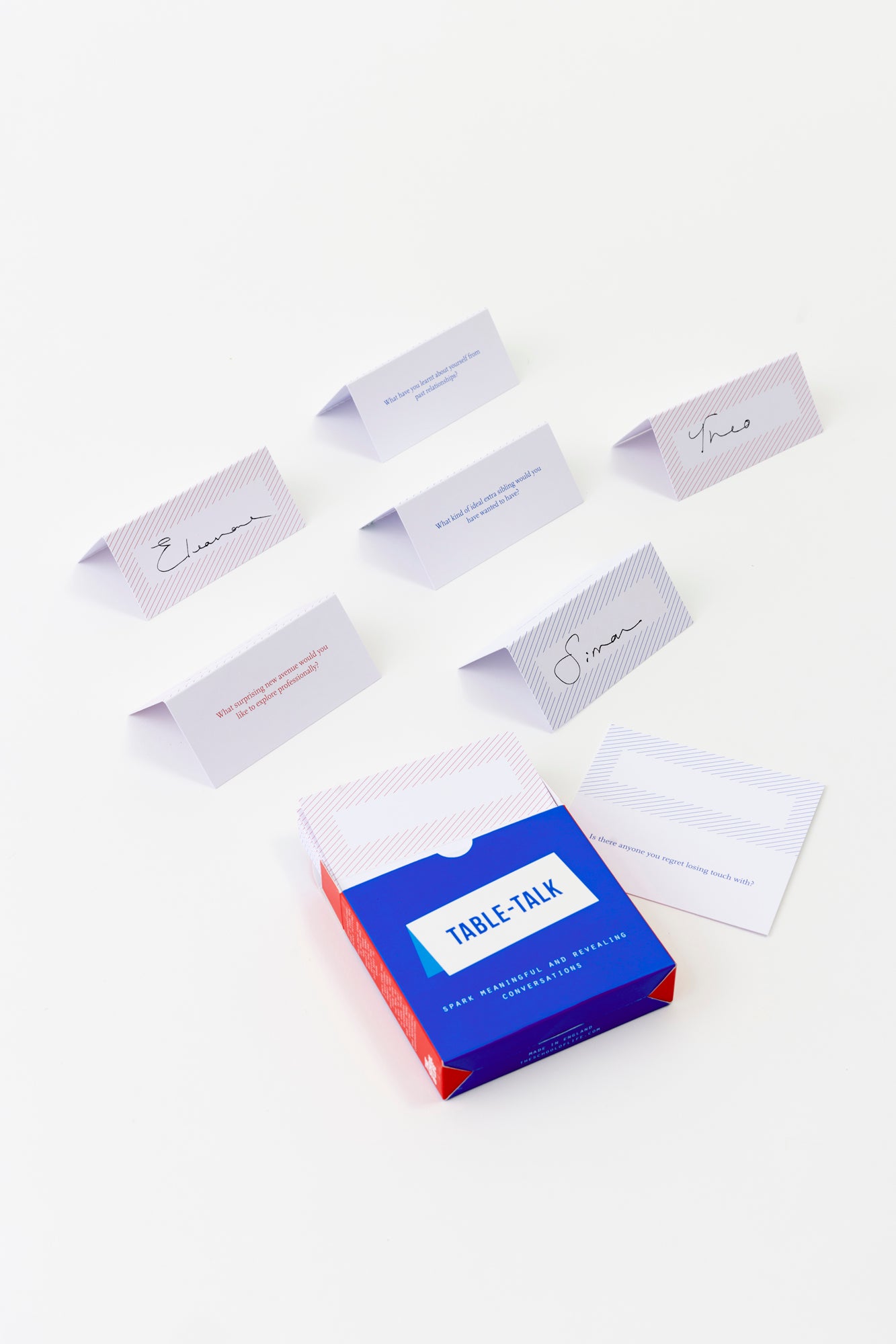 Table top place cards with intriguing conversations with 80 questions on 40 place cards.