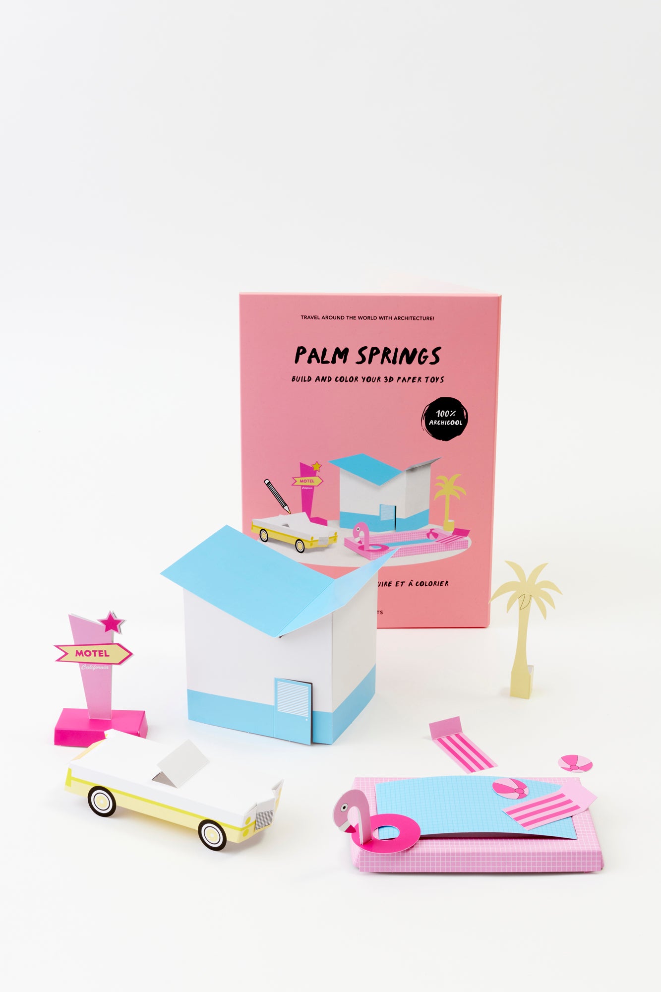 Each Little Paper Place kit is double-sided for double the fun. Choose between colorful pre-designed sides that capture the essence of these places or opt for a blank canvas where your child can unleash their artistic talents, with coloring pencils, markers, or paint. Palm Springs.