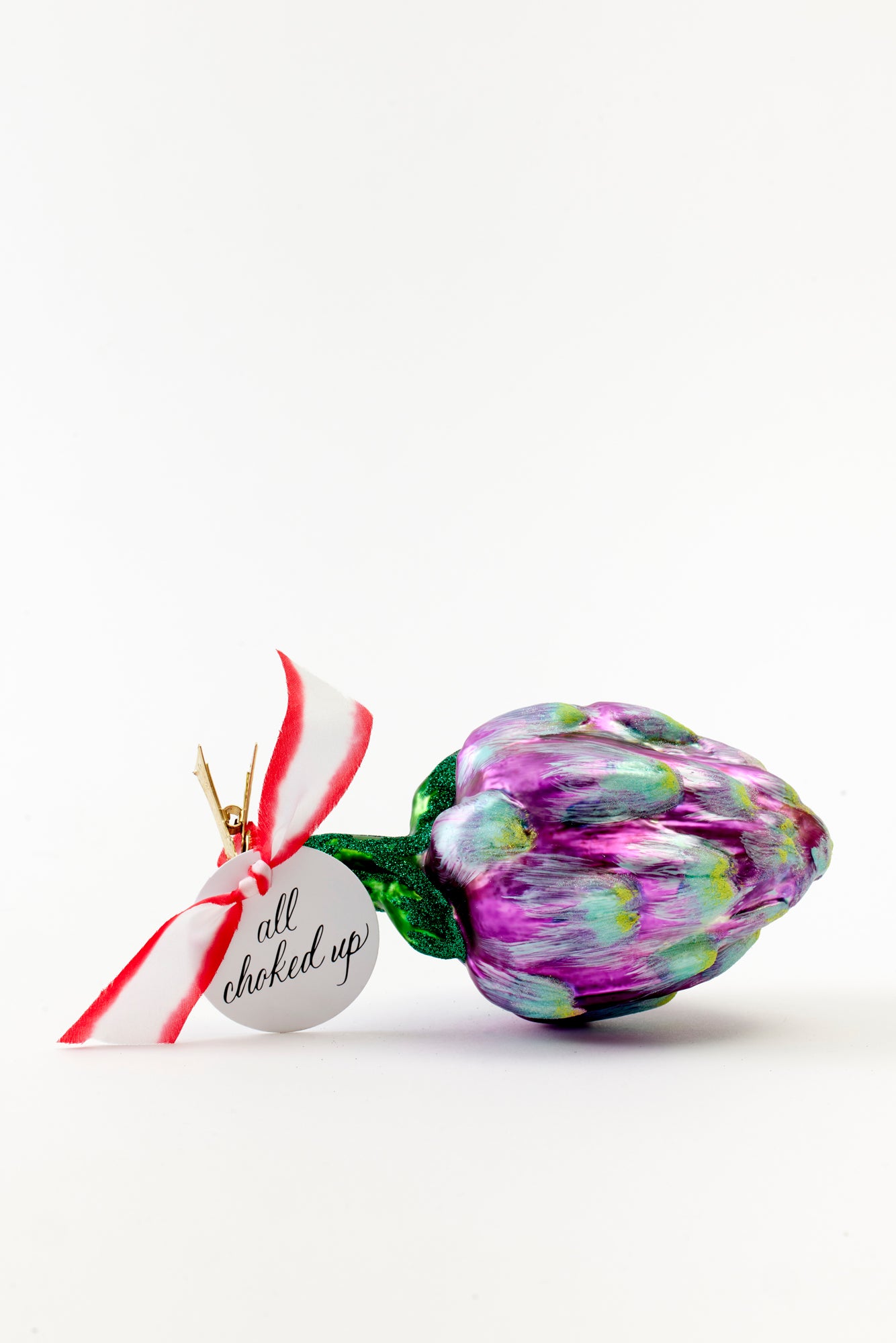 Hand-painted glass ornament shaped like artichoke crafted in Poland.