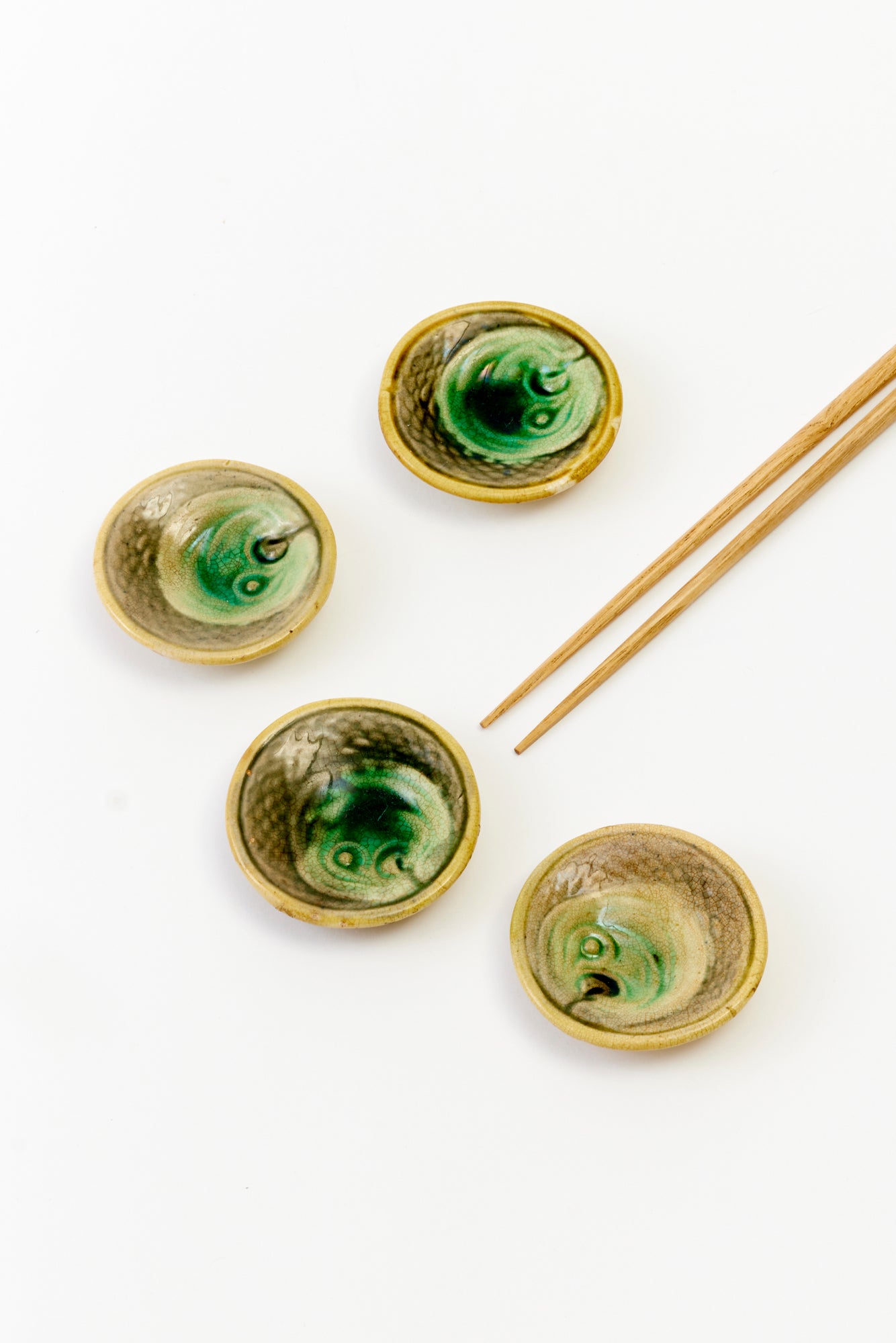 Petite majolica dishes to use for soy or wasabi.