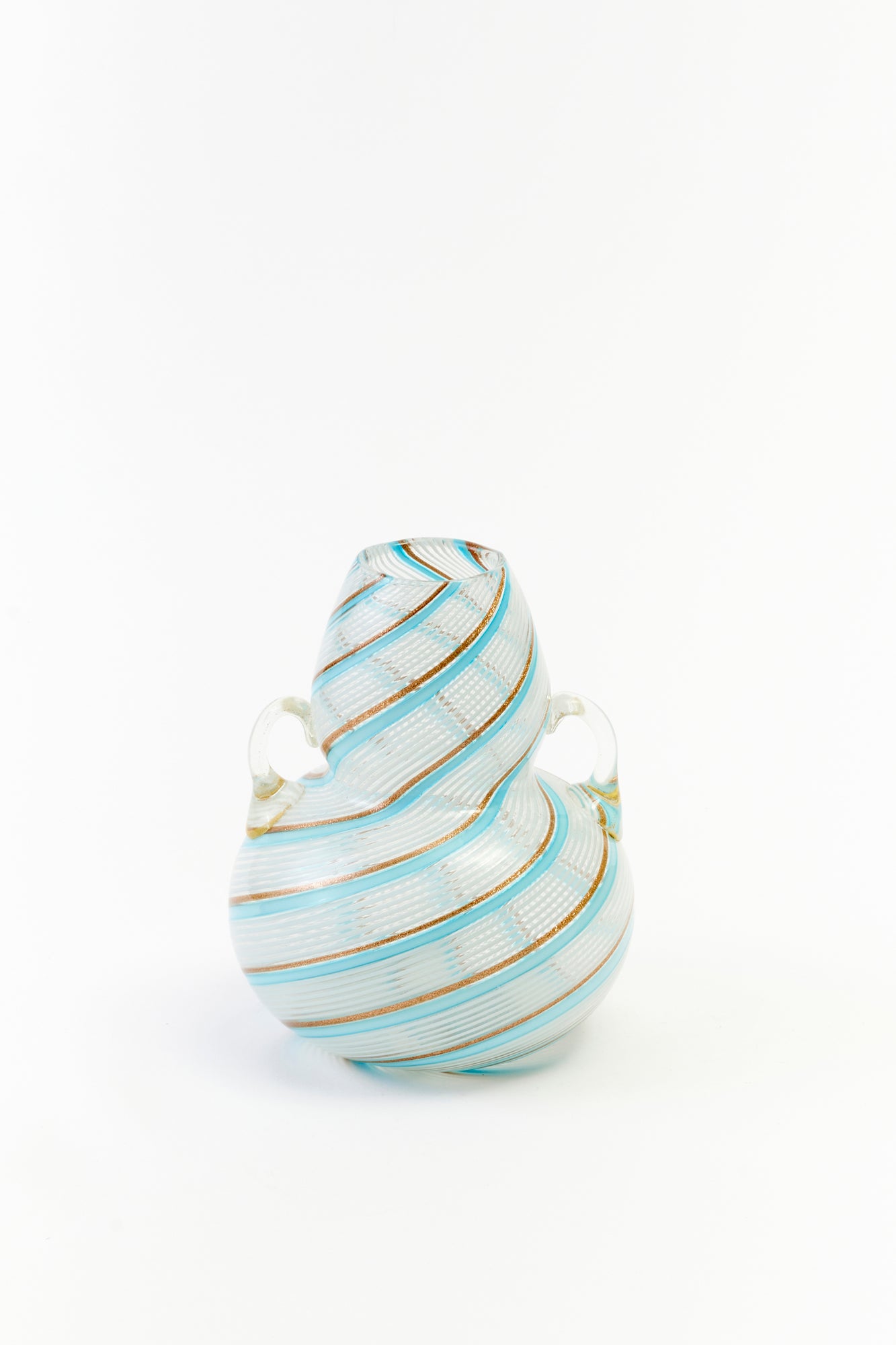 Blue and brown swirls adorn this vintage Murano glass vase.