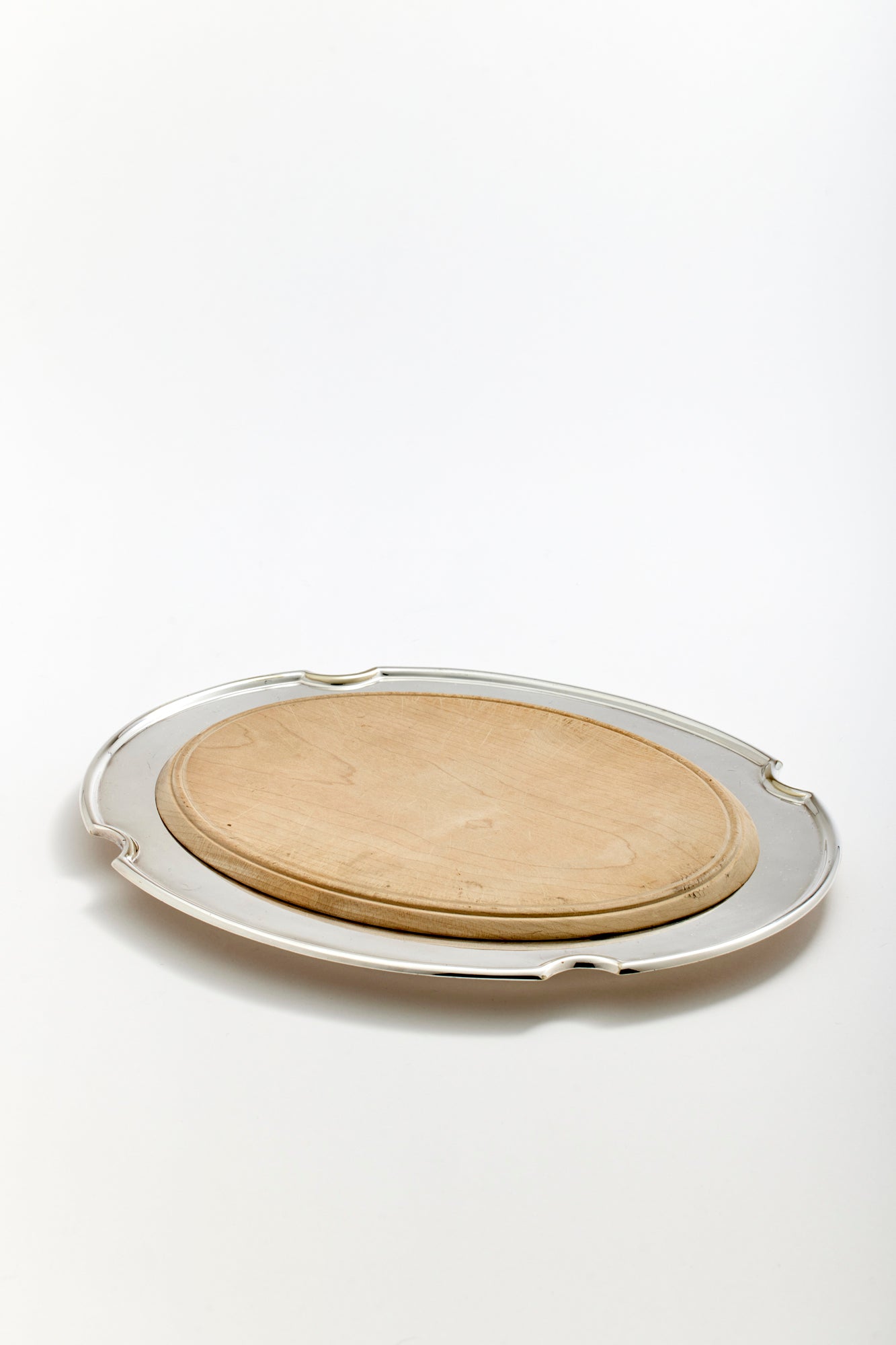 Vintage silver tray with wood board.