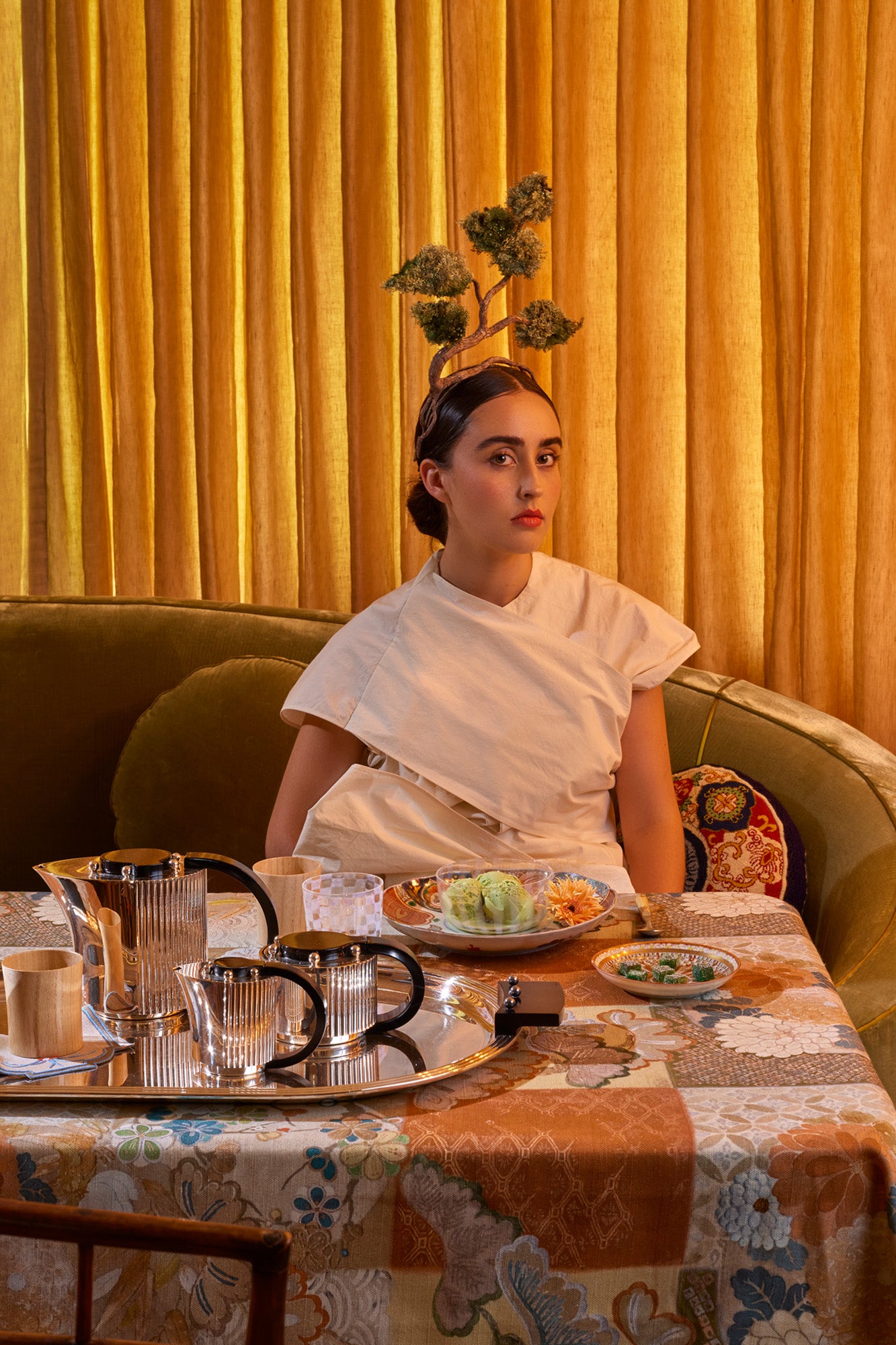 This tablecloth has a cream and clay Japanese checkerboard (Ichimatsu) pattern is elegantly earthy, while also evoking the lushness of Old Hollywood with the addition of intricate Chrysanthemums.