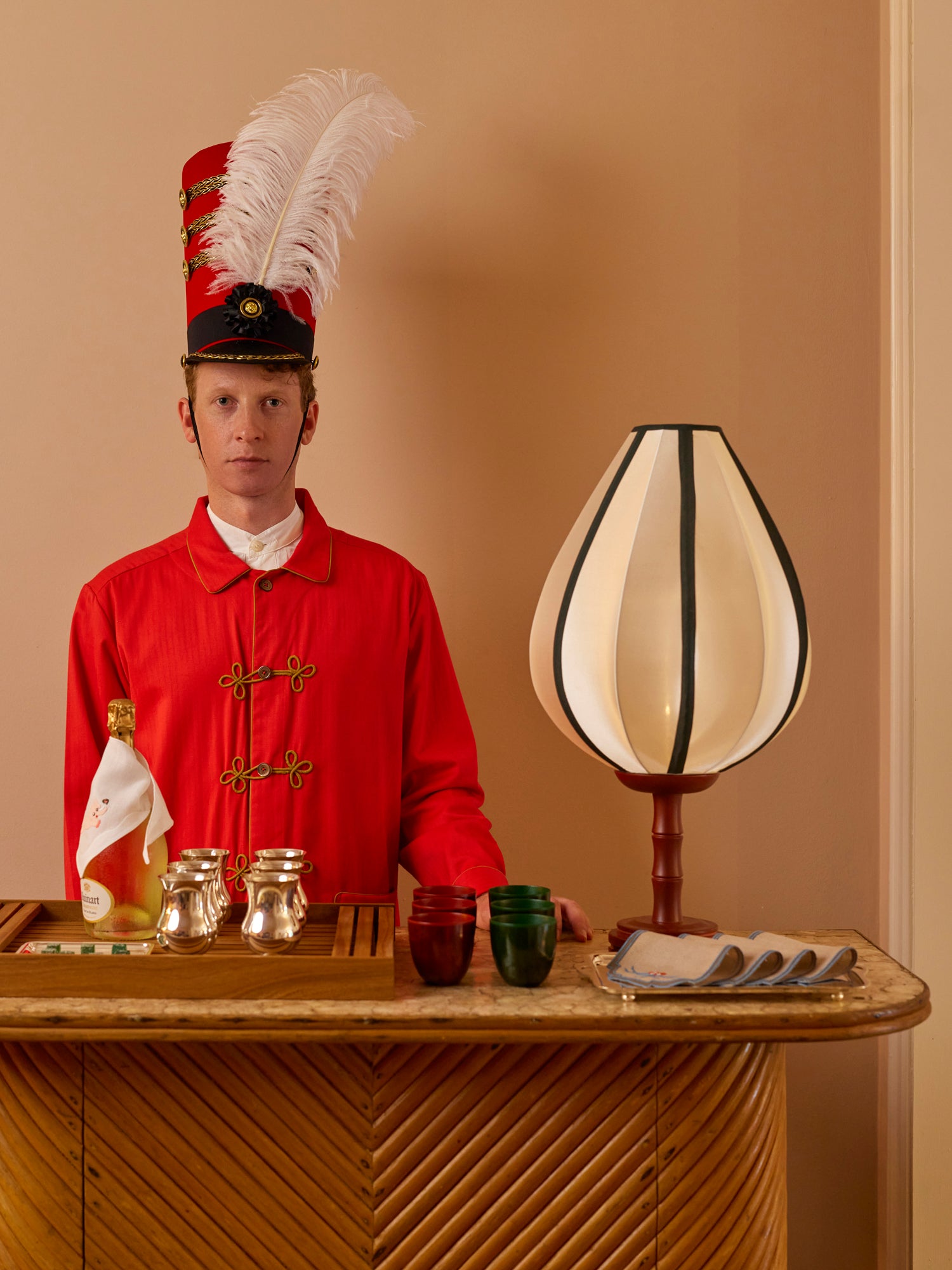 Red french bartender jacket.