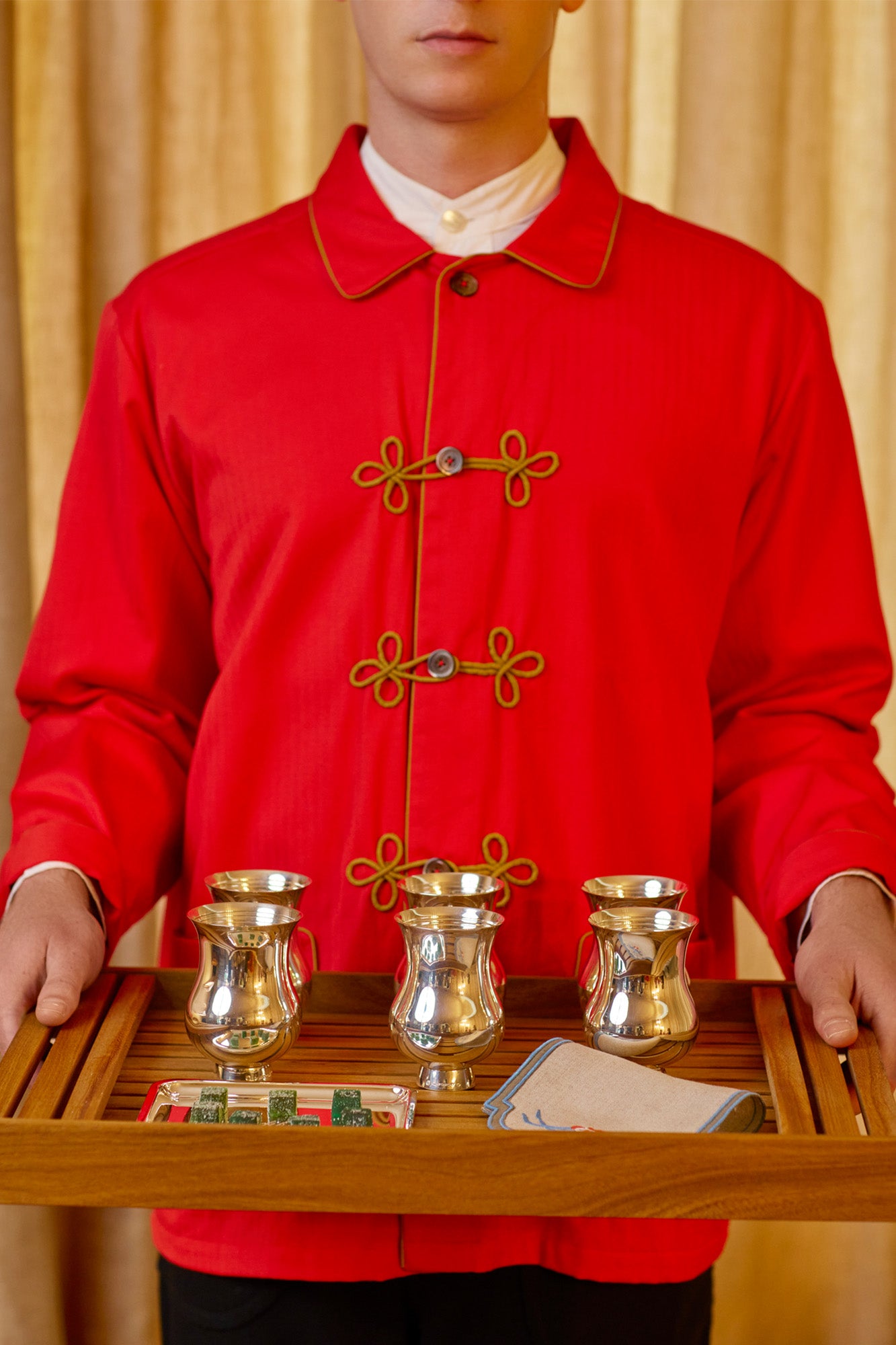 Red french bartender jacket.