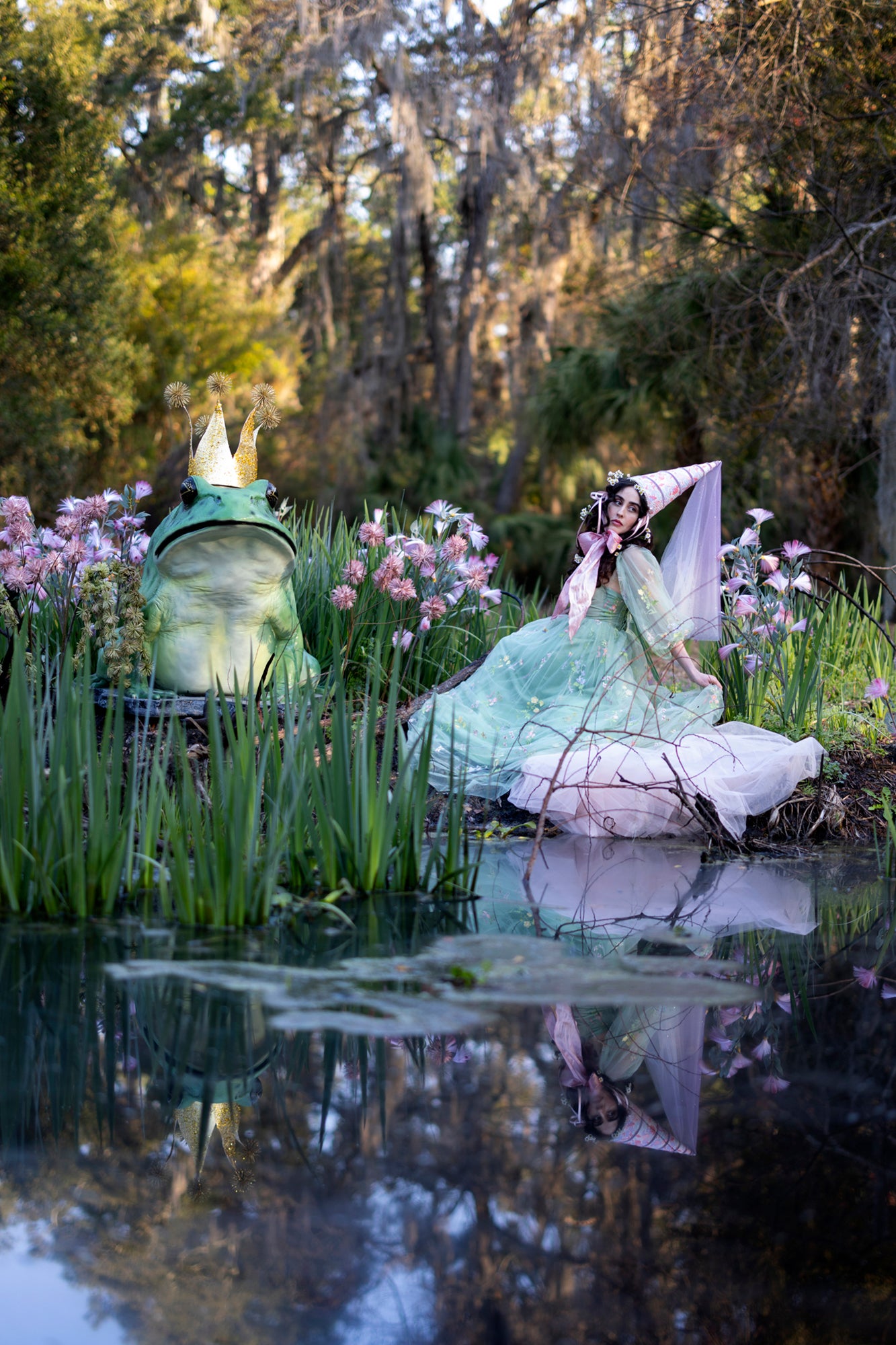 Tall royal princess hennin hat in pink and lavendar.