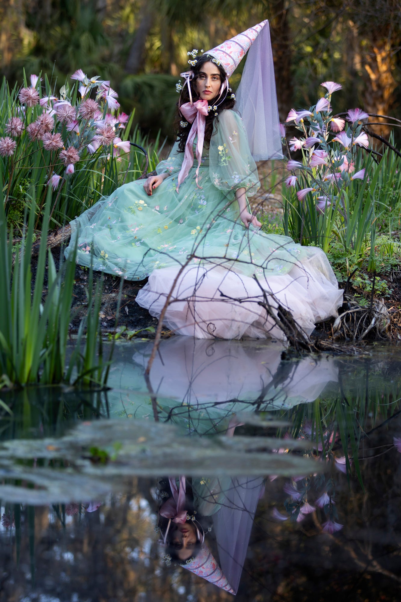Tall royal princess hennin hat in pink and lavendar.