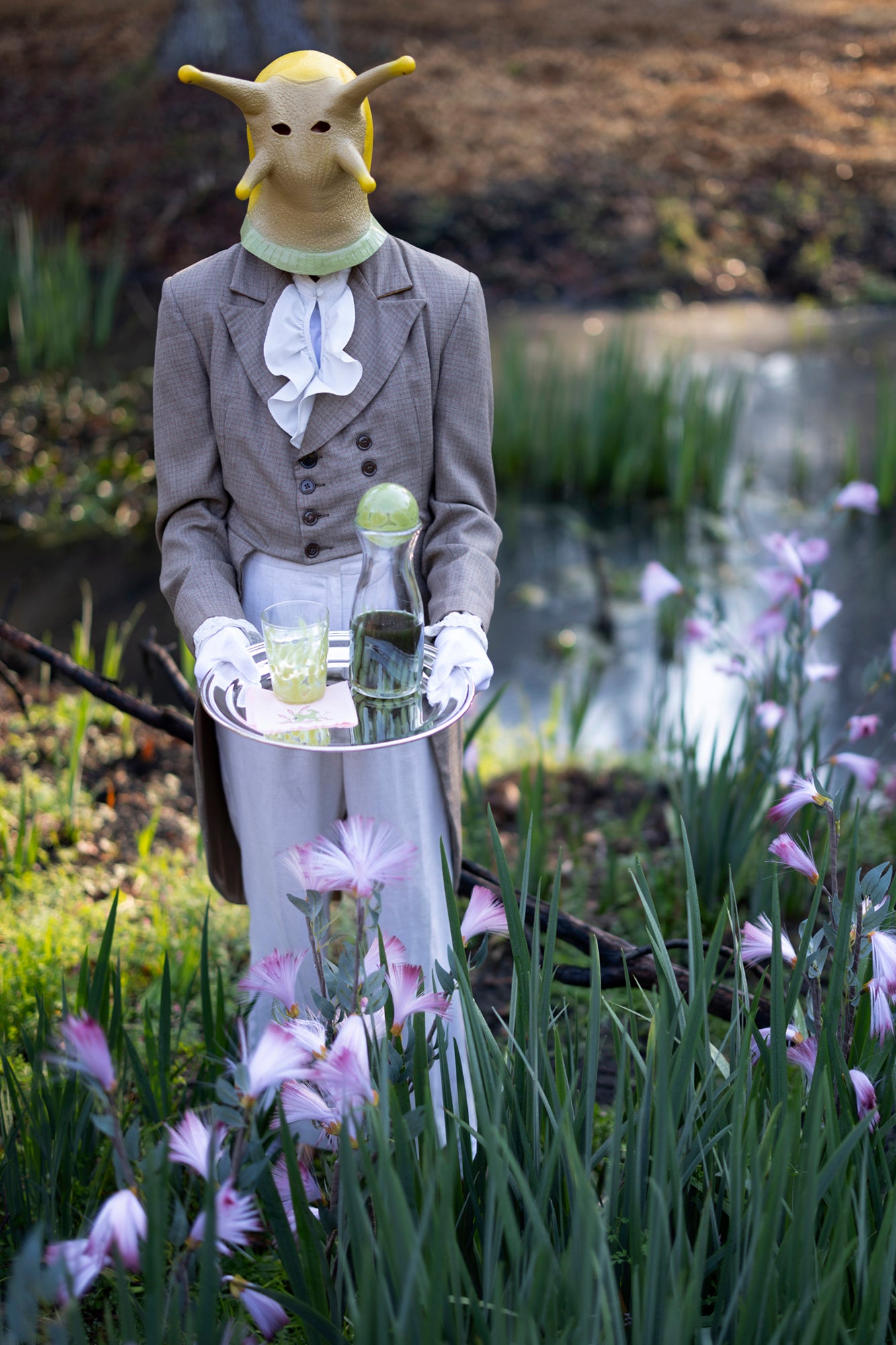 Frog in a pond cocktail napkins feature French stitch appliqué made in Madeira, Portugal.