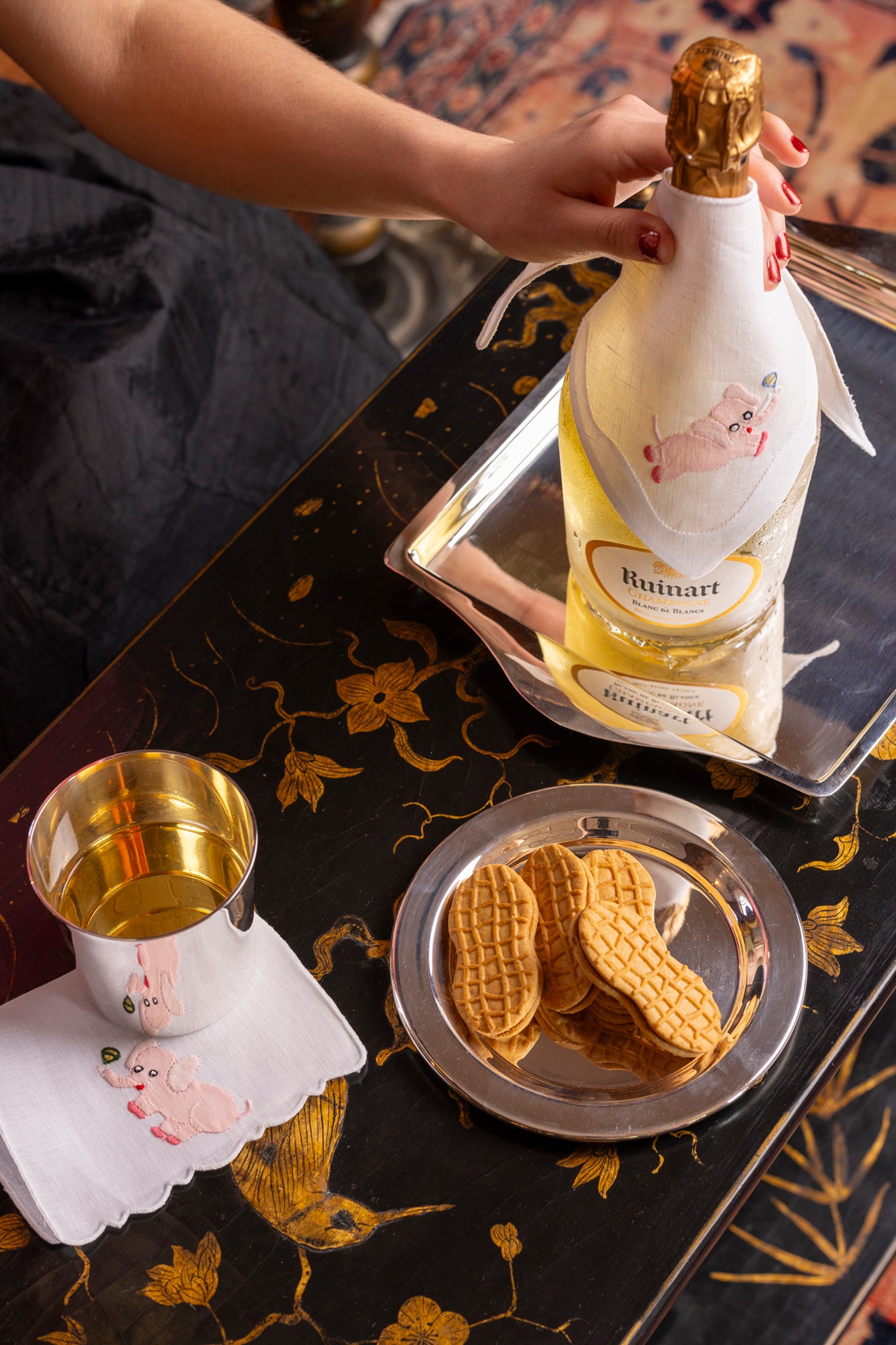 Pink elephant champagne wrap and cocktail napkins.