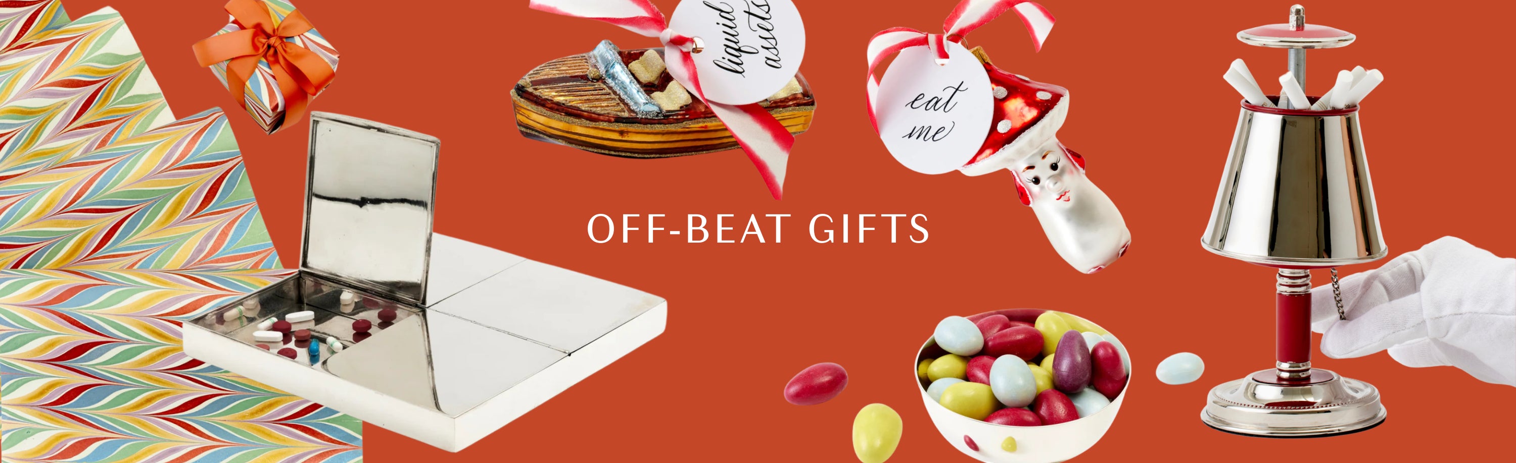 Red banner with various cutouts of gifts and text that says off-beat gifts.