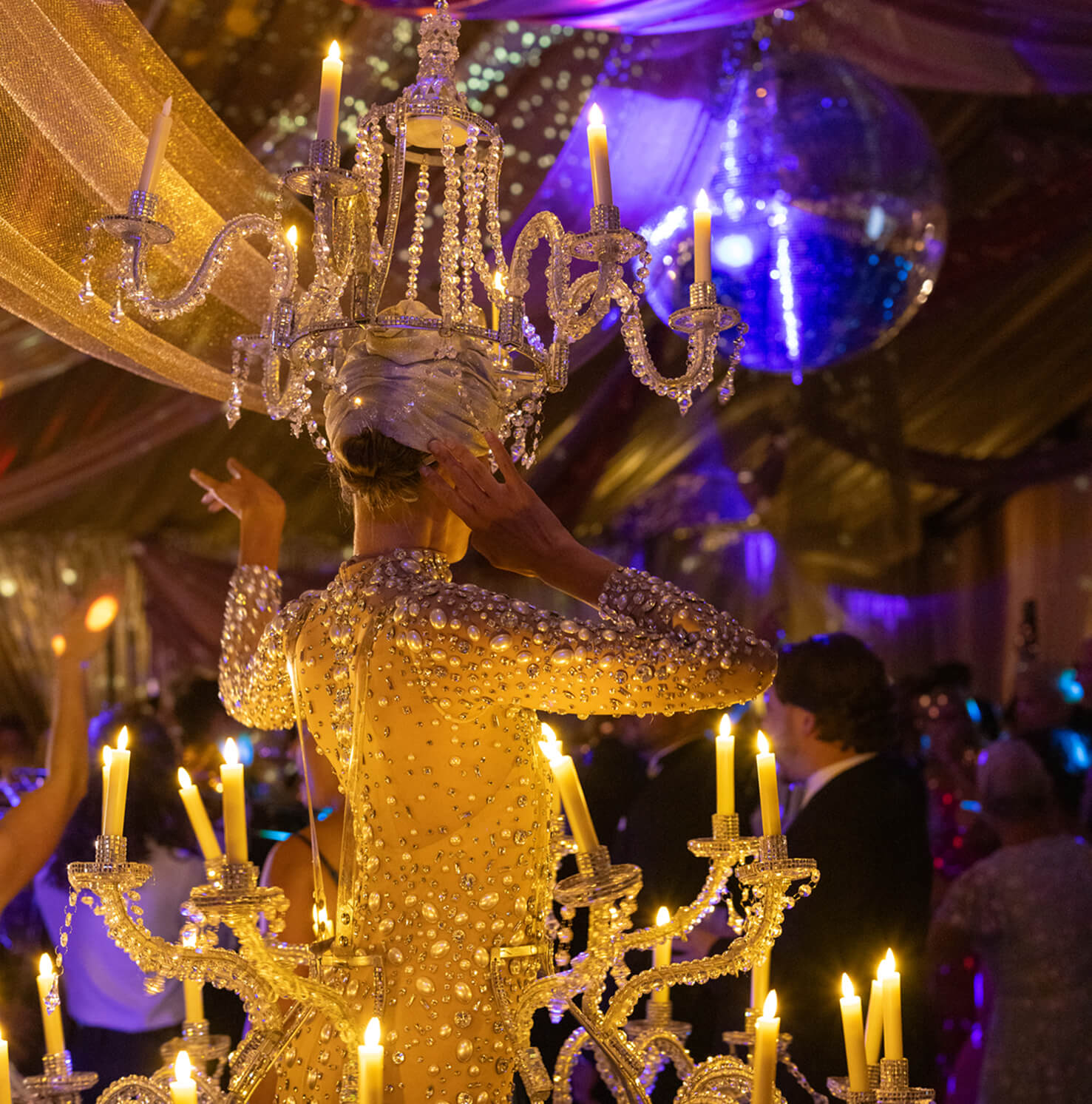 Woman in chandelier costume