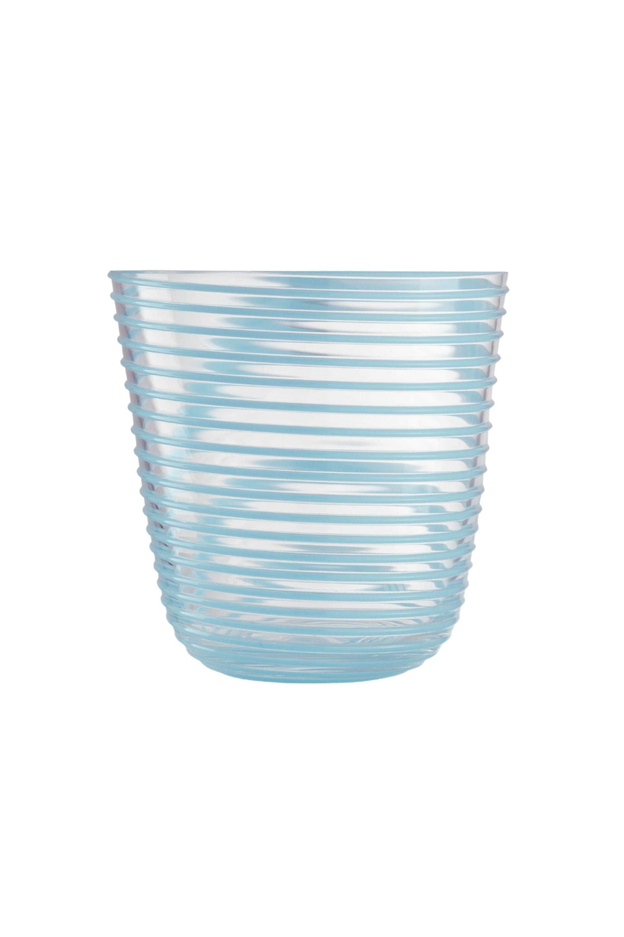 Transparent glass embossed with turquoise glass thread spiraling up the cup.