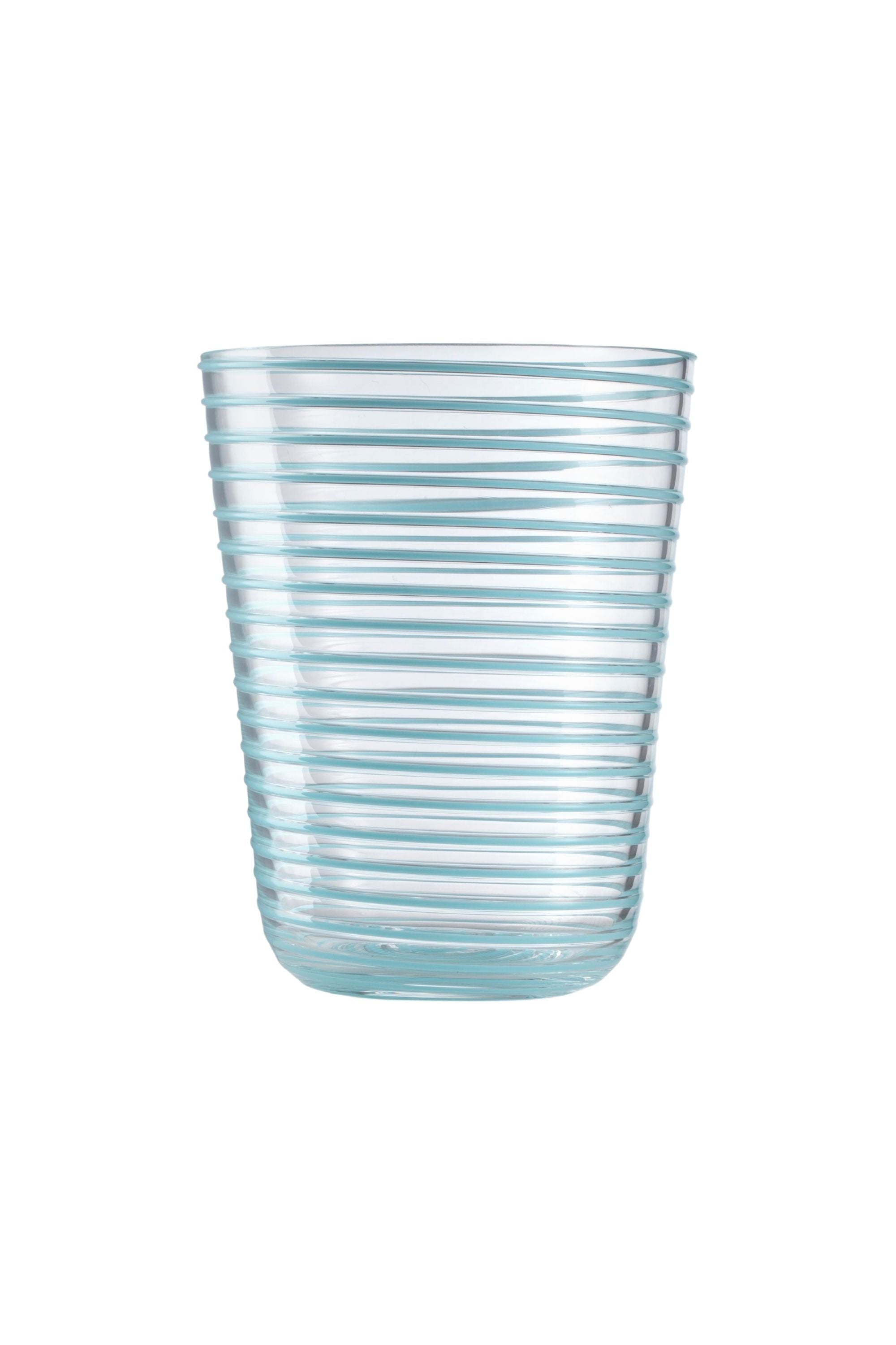 Transparent glass embossed with turquoise glass thread spiraling up the cup.