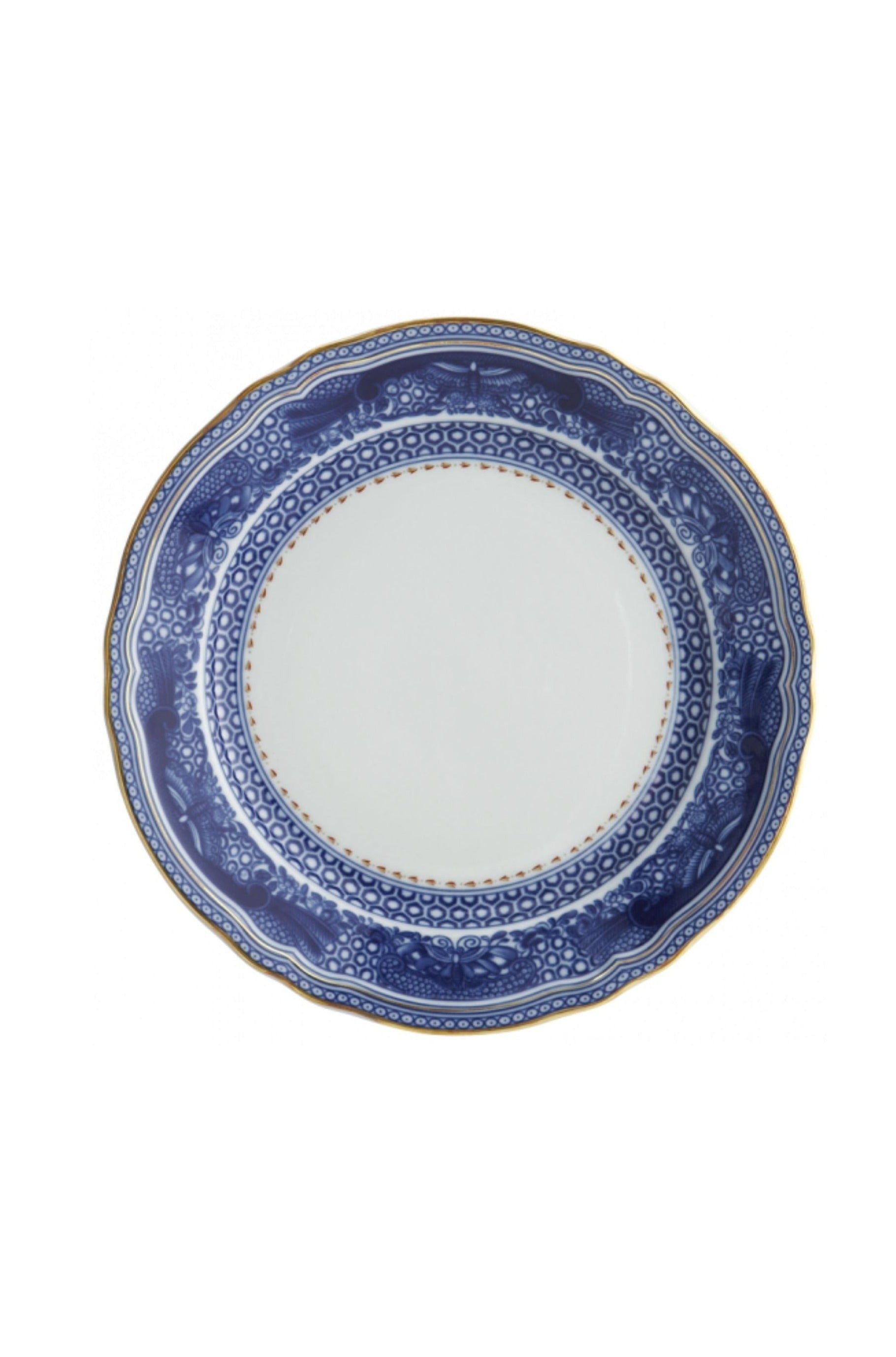 Dinnerware. A charming bouquet in a basket, adapted from an 18th-century Chinese export Hong bowl, is surrounded by the classic blue and white Fitzhugh border.