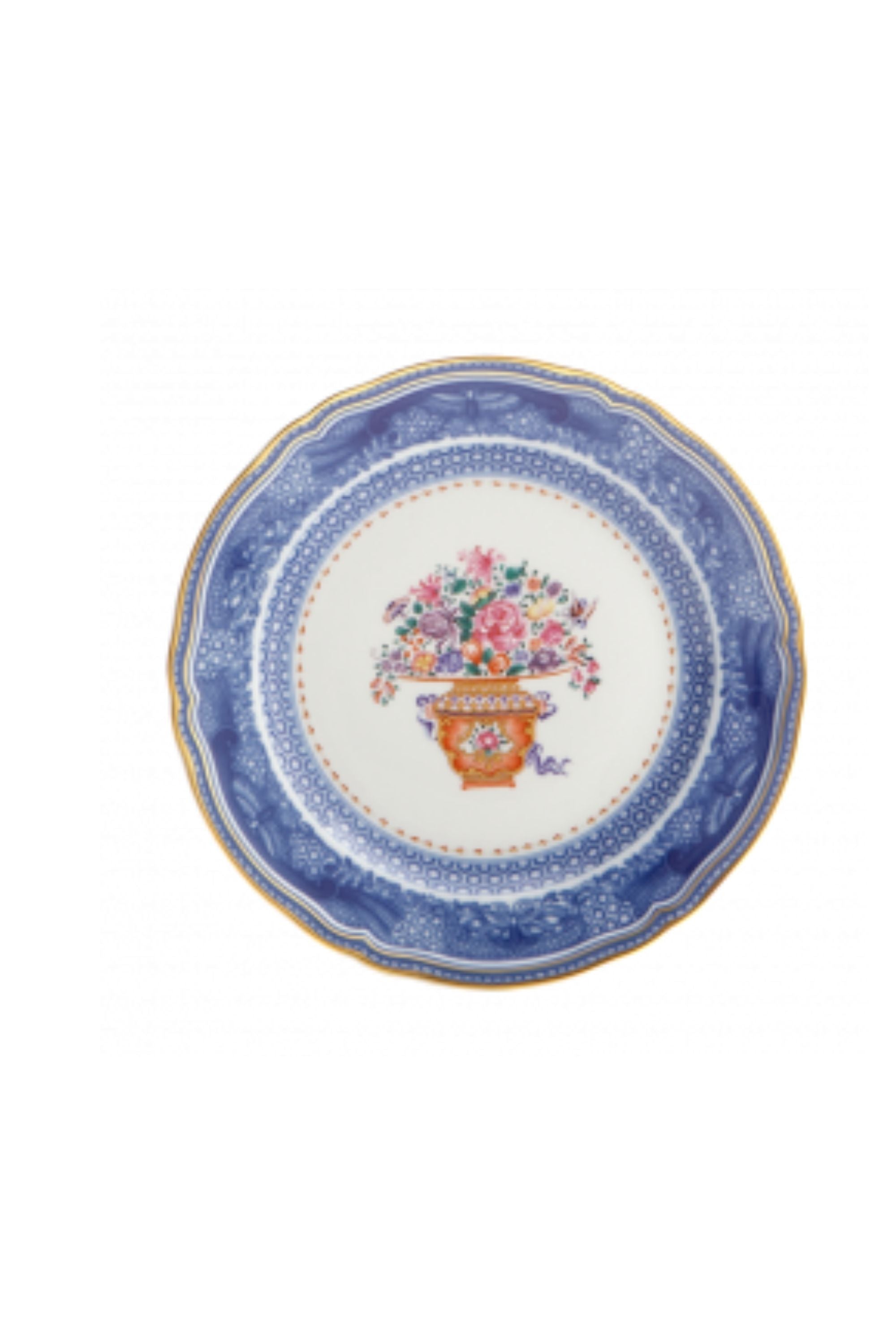 Dinnerware. A charming bouquet in a basket, adapted from an 18th-century Chinese export Hong bowl, is surrounded by the classic blue and white Fitzhugh border.