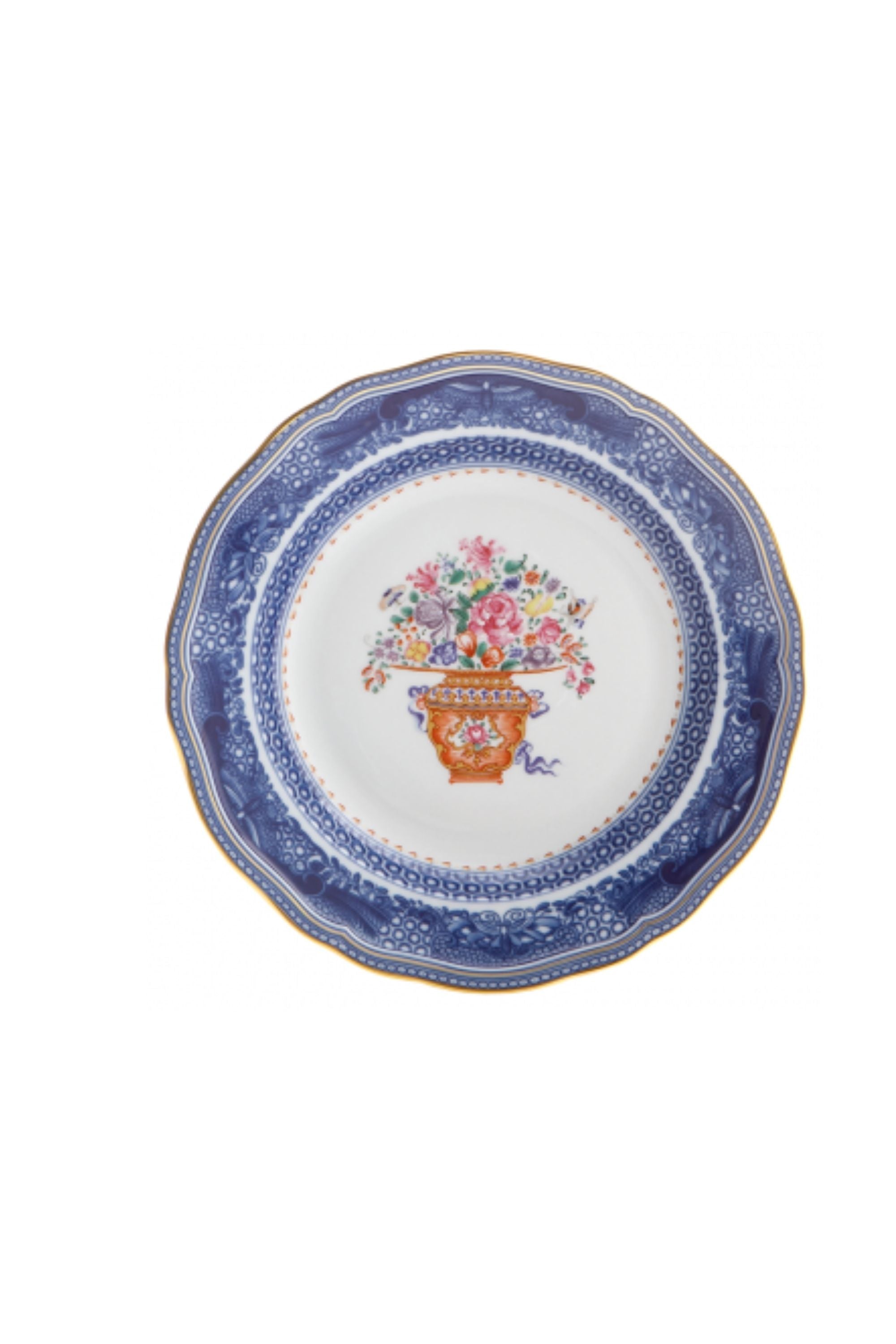 Dinnerware. A charming bouquet in a basket, adapted from an 18th-century Chinese export Hong bowl, is surrounded by the classic blue and white Fitzhugh border.