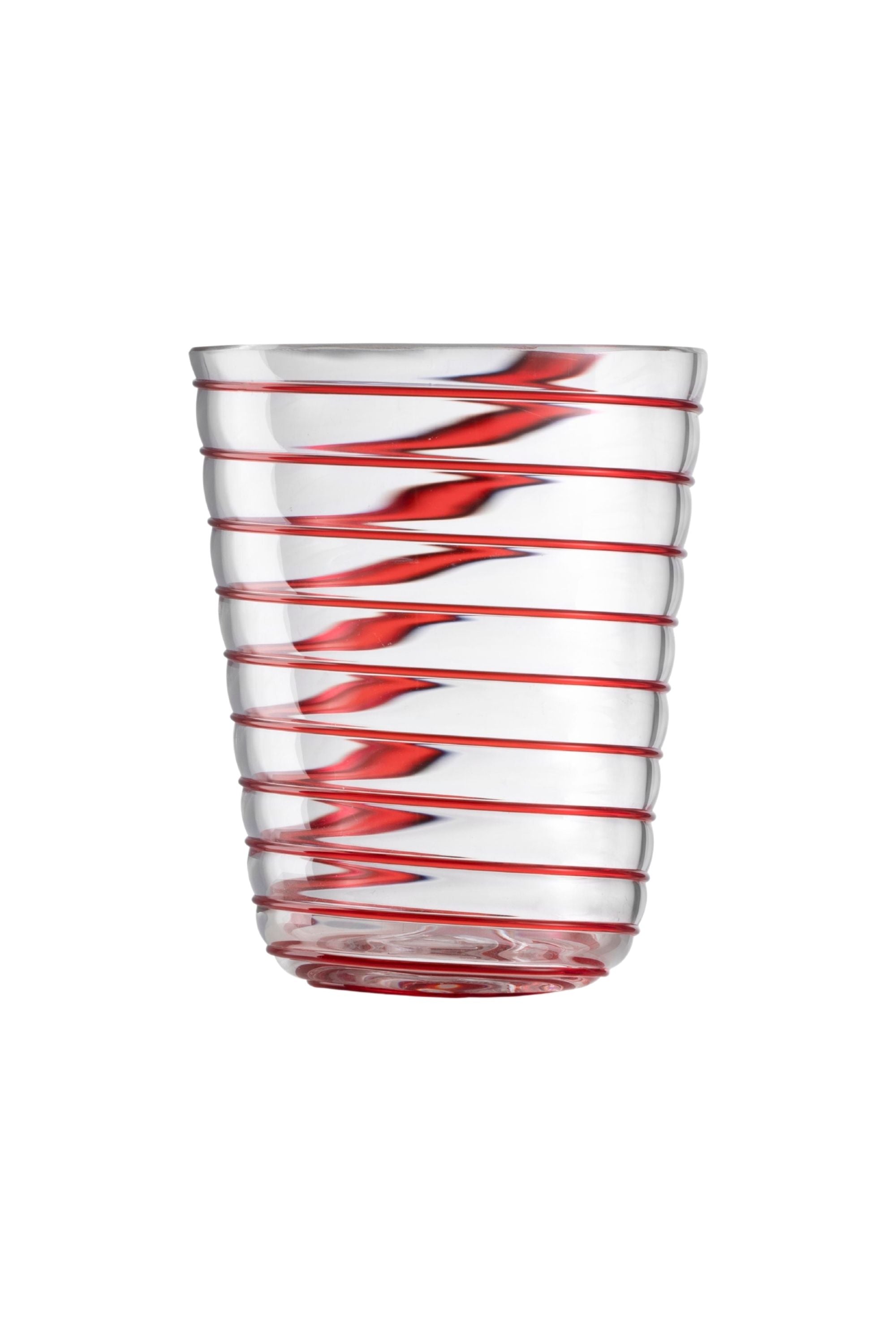 Transparent glass embossed with red glass thread spiraling up the cup.