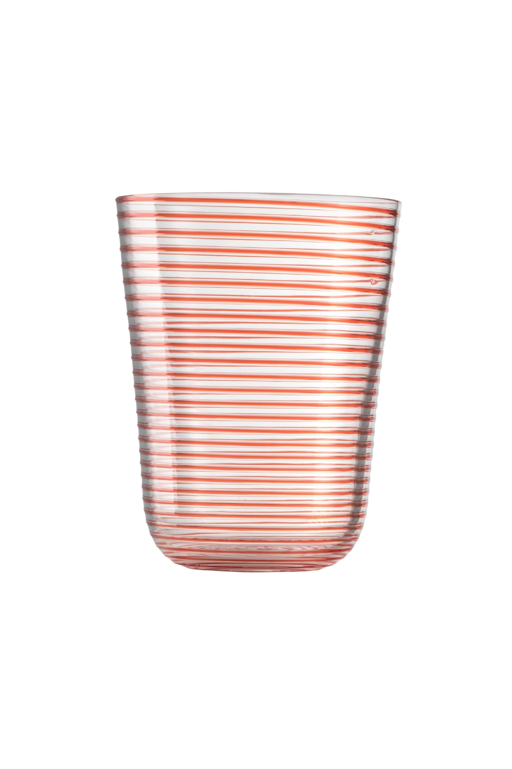 Transparent glass embossed with red glass thread spiraling up the cup.