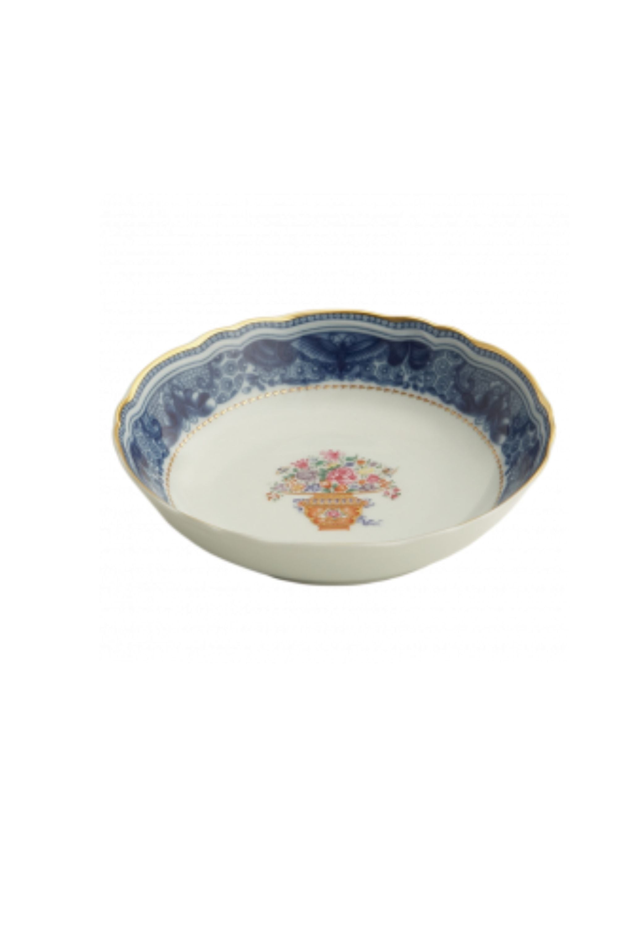 Dinnerware. A charming bouquet in a basket, adapted from an 18th-century Chinese export Hong bowl, is surrounded by the classic blue and white Fitzhugh border.