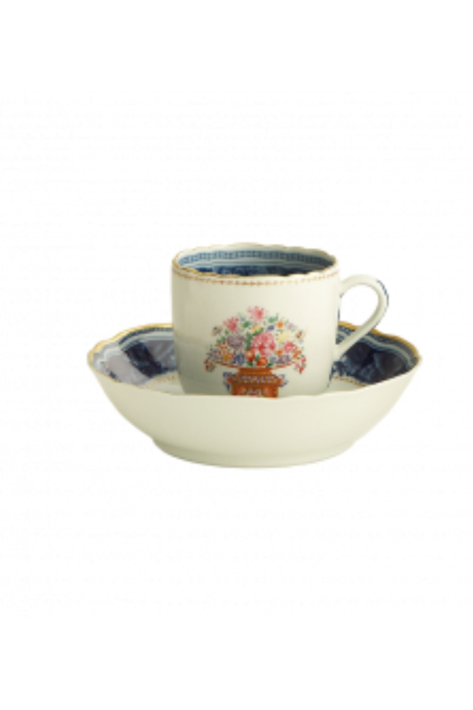 Dinnerware. A charming bouquet in a basket, adapted from an 18th-century Chinese export Hong bowl, is surrounded by the classic blue and white Fitzhugh border.