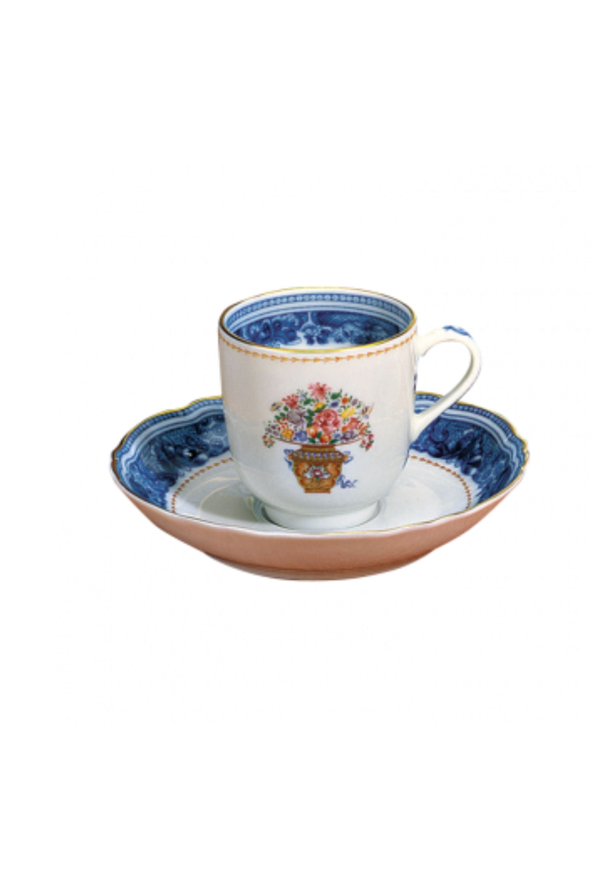 Dinnerware. A charming bouquet in a basket, adapted from an 18th-century Chinese export Hong bowl, is surrounded by the classic blue and white Fitzhugh border.