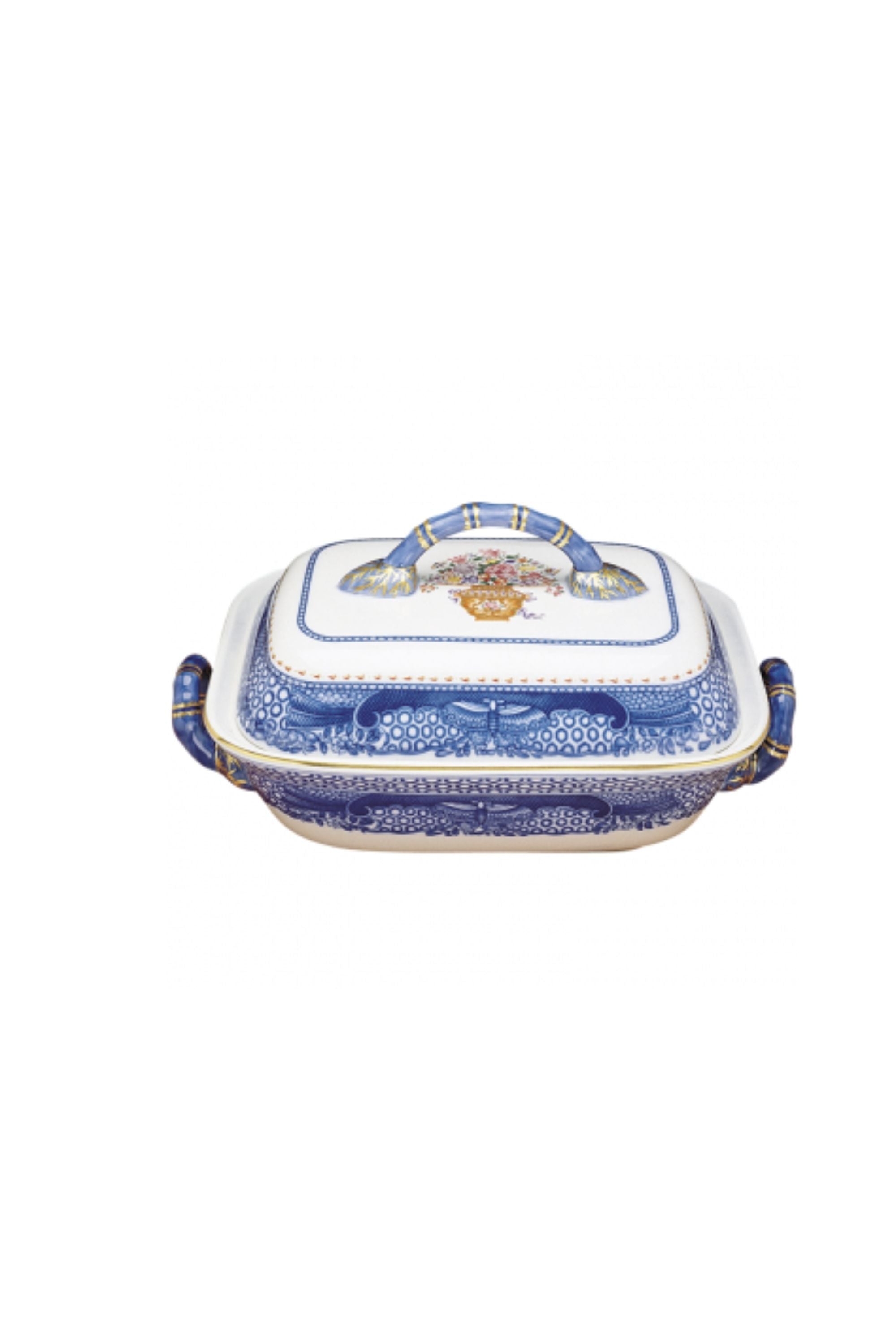Dinner serving dishes. A charming bouquet in a basket, adapted from an 18th-century Chinese export Hong bowl, is surrounded by the classic blue and white Fitzhugh border.