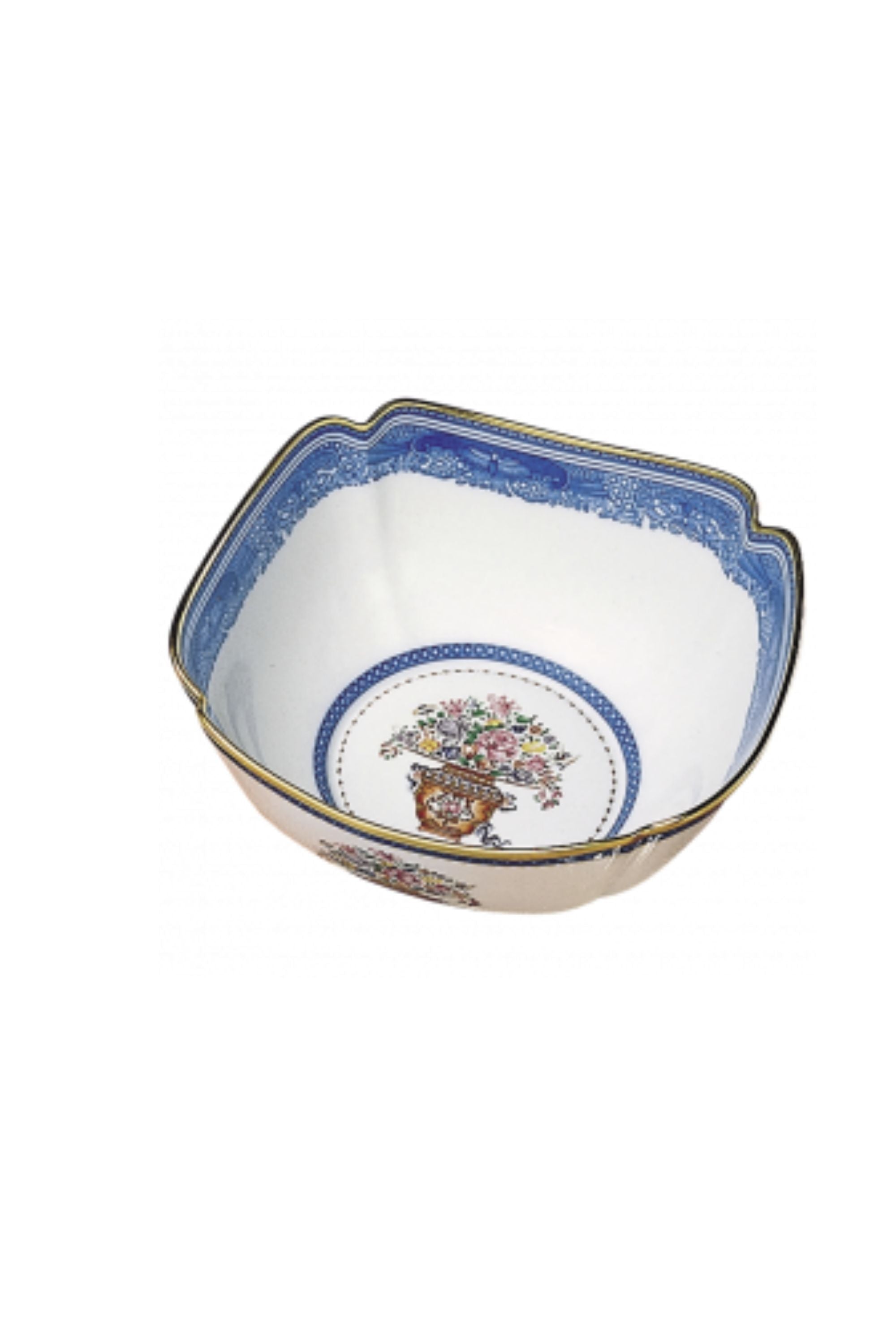 Dinner serving dishes. A charming bouquet in a basket, adapted from an 18th-century Chinese export Hong bowl, is surrounded by the classic blue and white Fitzhugh border.