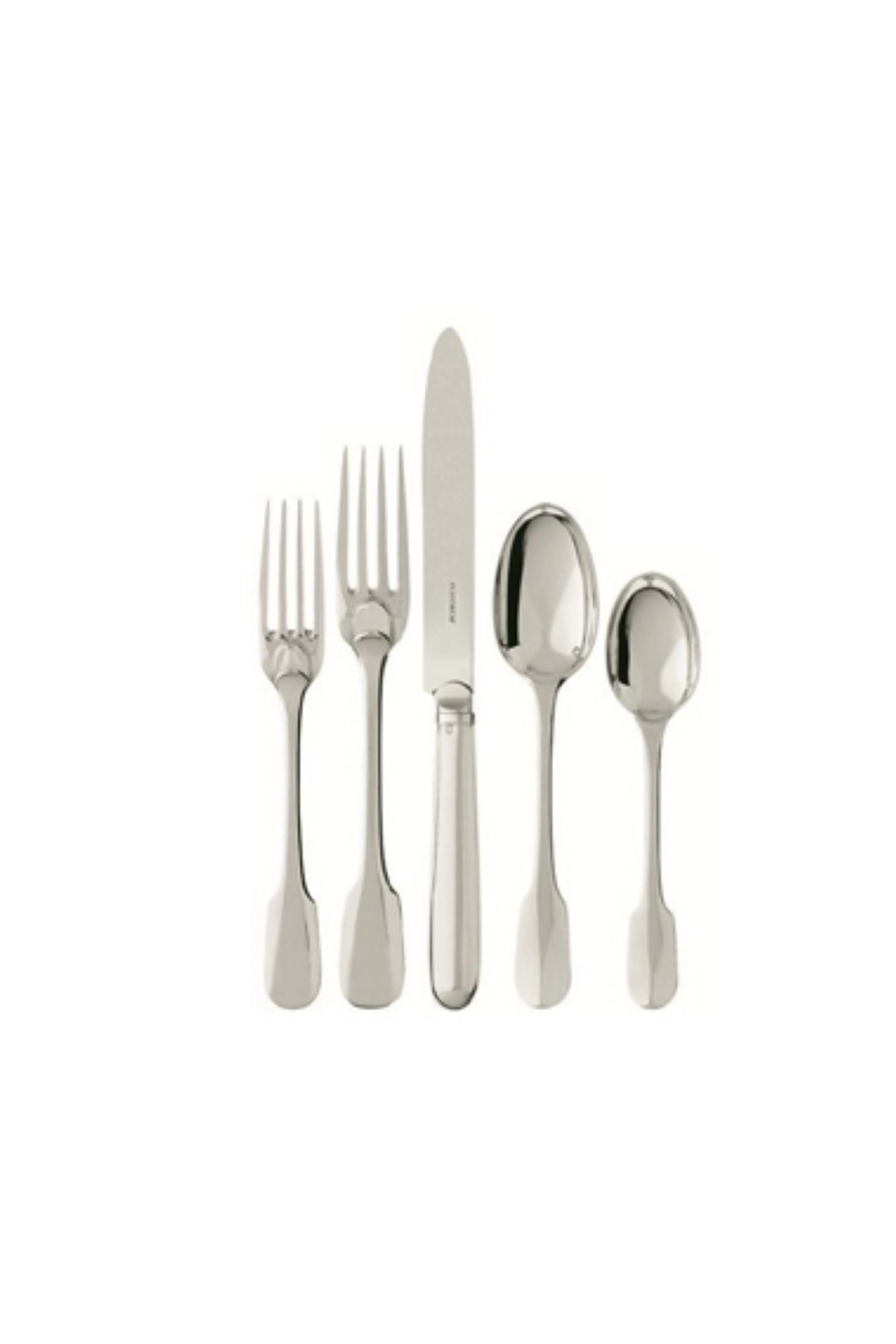 A sober and rounded silhouette, pure forms, unostentatious decoration: this Sterling flatware in the Louis XIV style features a stunning contemporary look. Five-piece set includes dinner knife, dinner fork, dinner spoon, salad fork, dessert spoon.