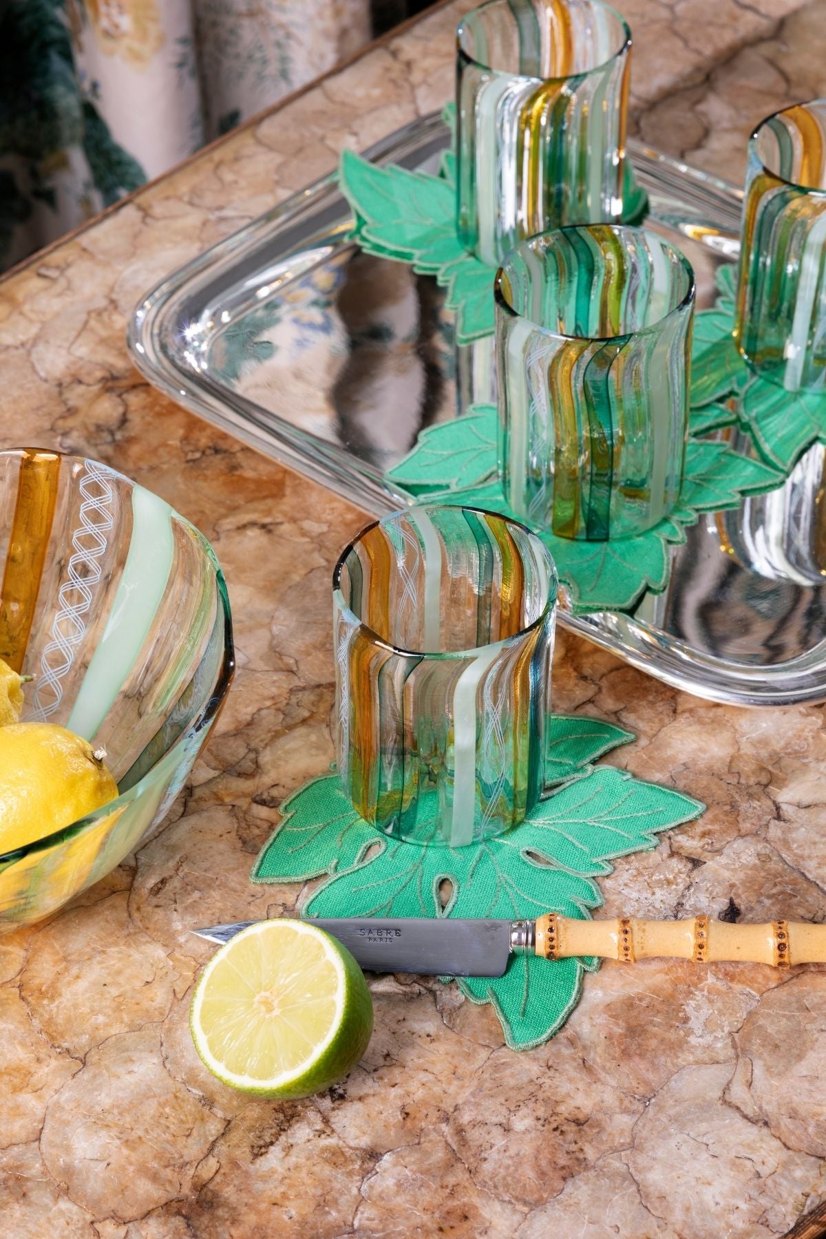 Celadon and Saffron colored glass tumbler.